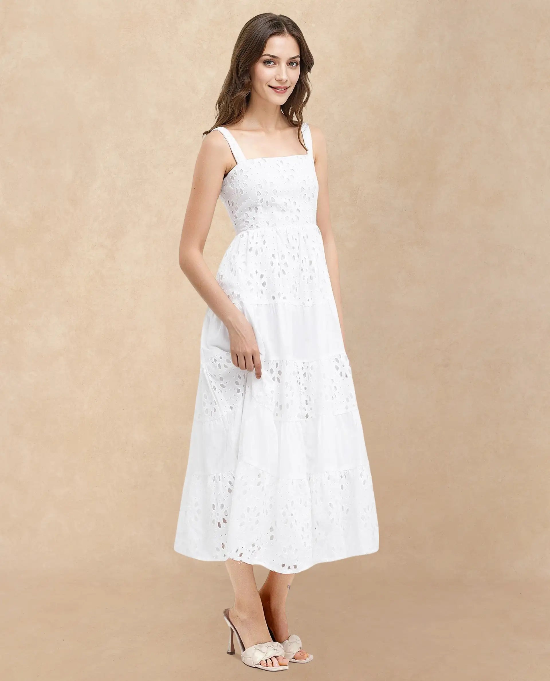 Rareism Women Stiletus White Cotton Fabric Noodle Strap Solid Longline Dress