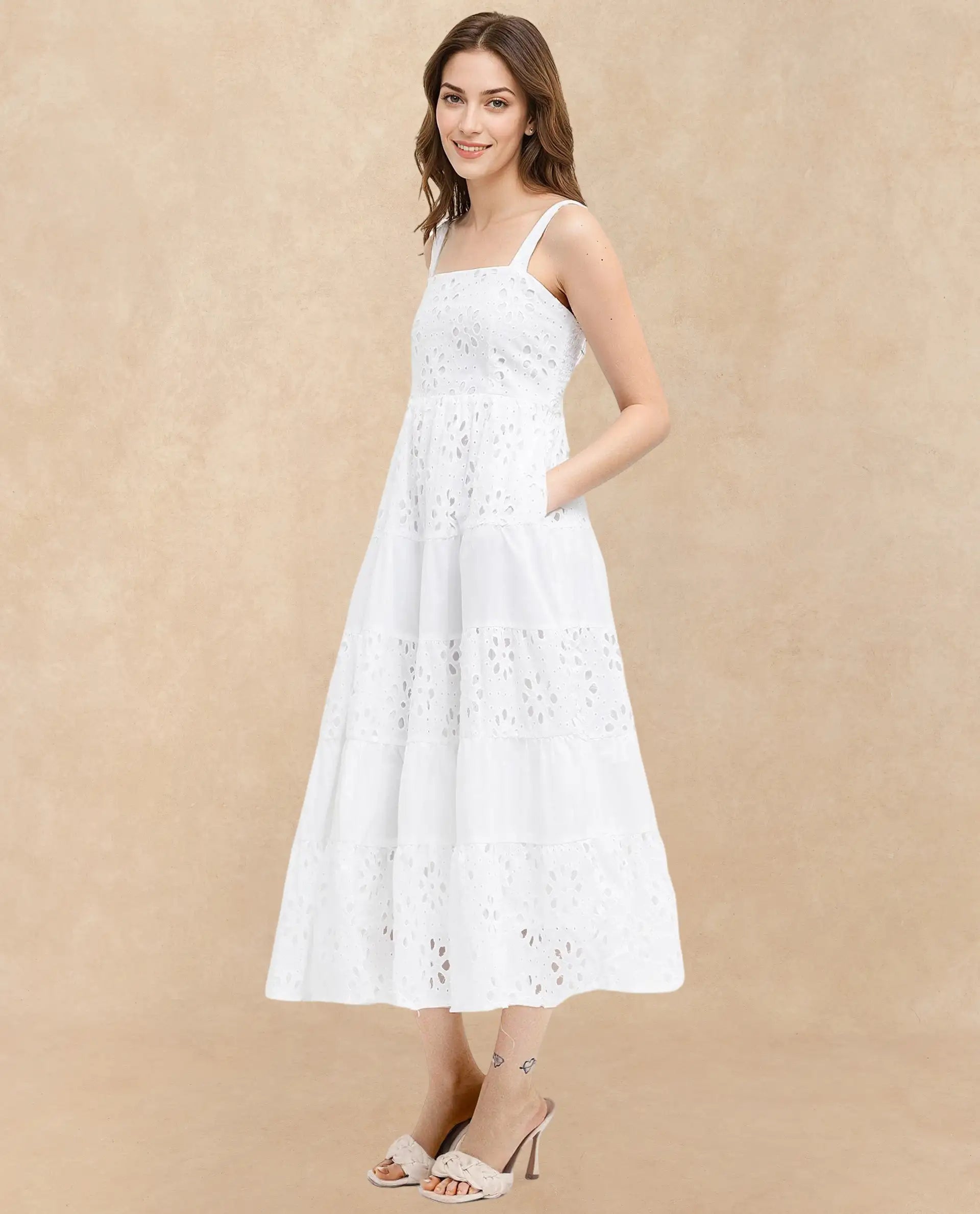 Rareism Women Stiletus White Cotton Fabric Noodle Strap Solid Longline Dress