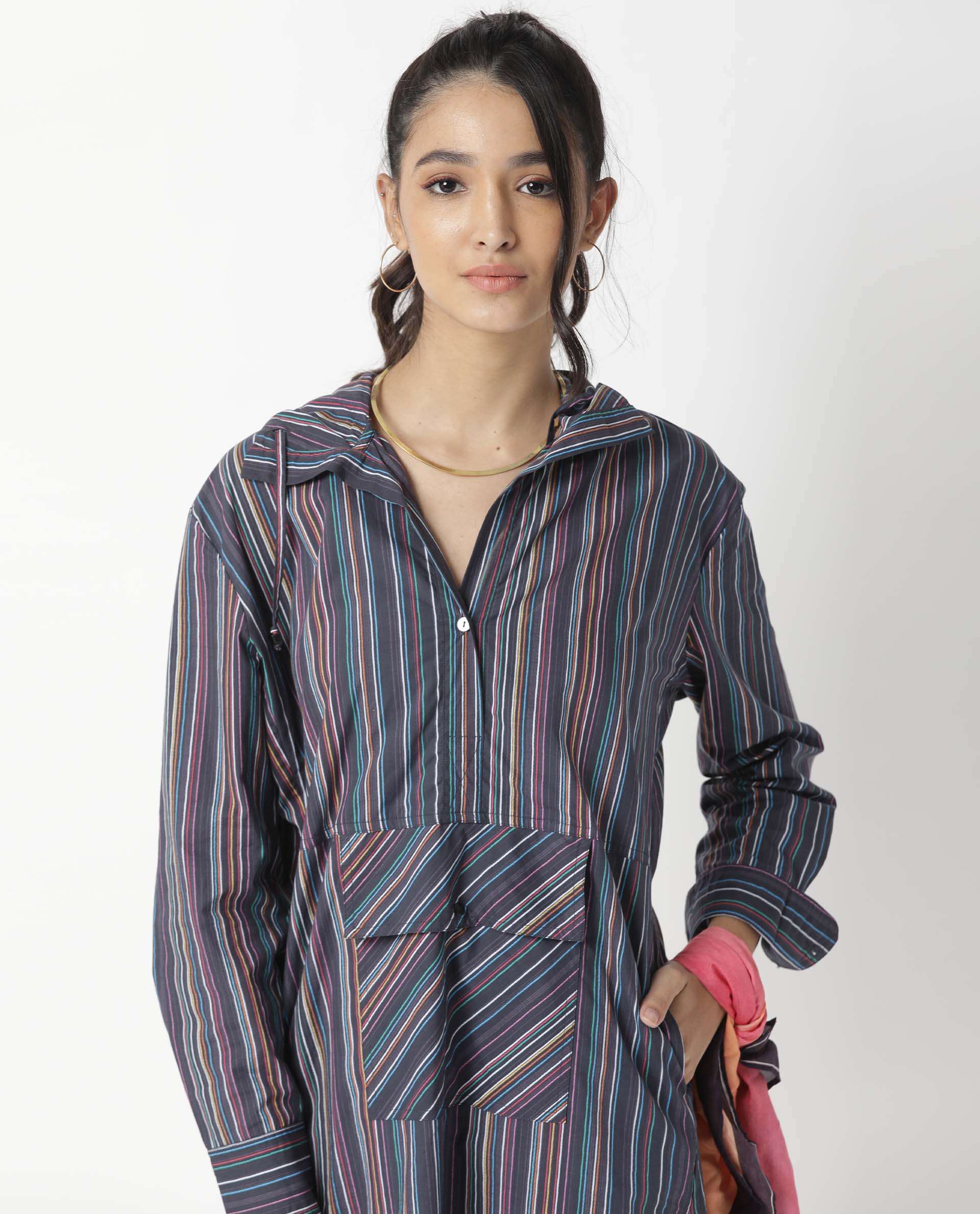 Rareism Women Stipey Black Full Sleeves Neck With Hoodie Centre Patch Pocket With Side Slit Knee Length Dress