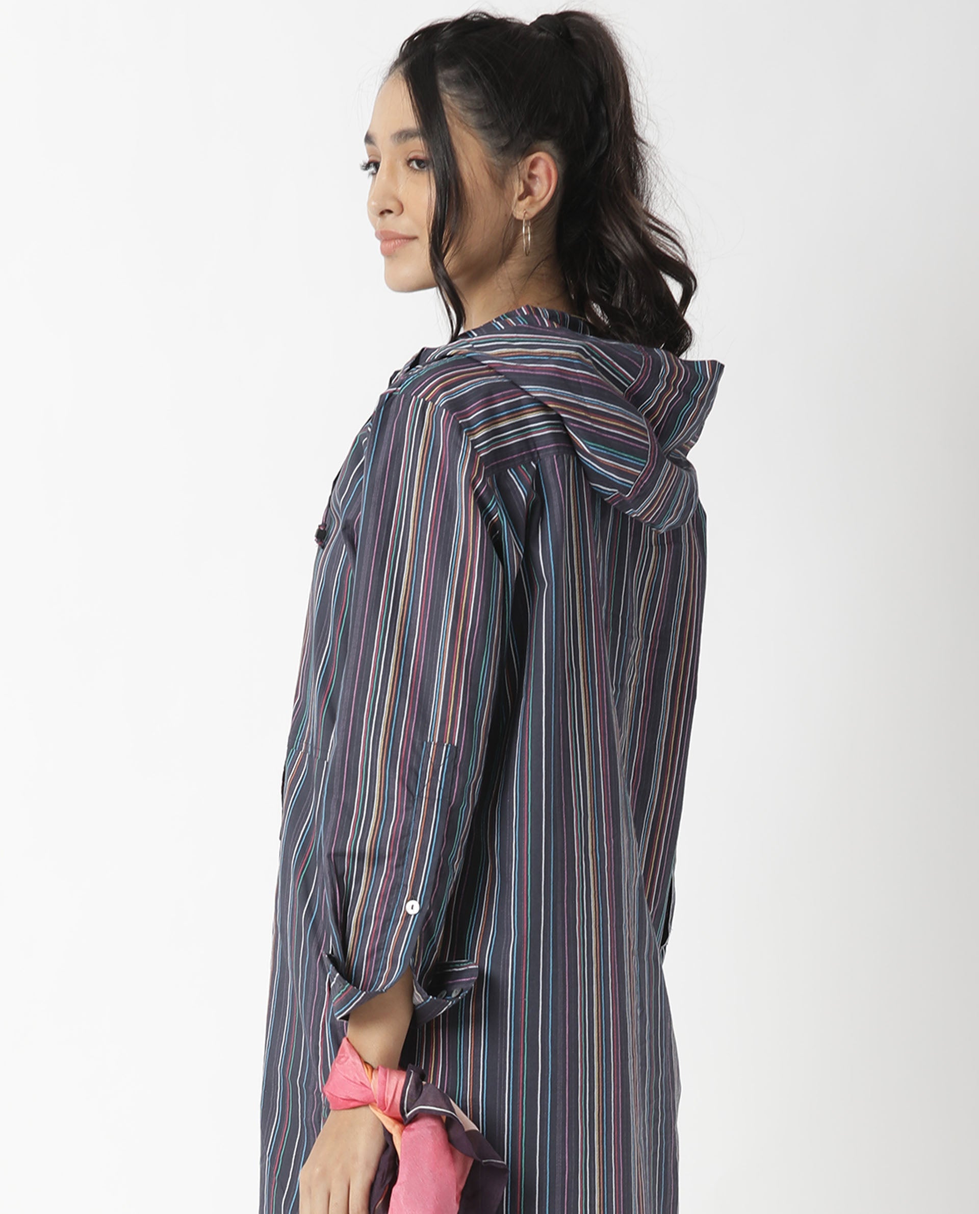 Rareism Women Stipey Black Full Sleeves Neck With Hoodie Centre Patch Pocket With Side Slit Knee Length Dress