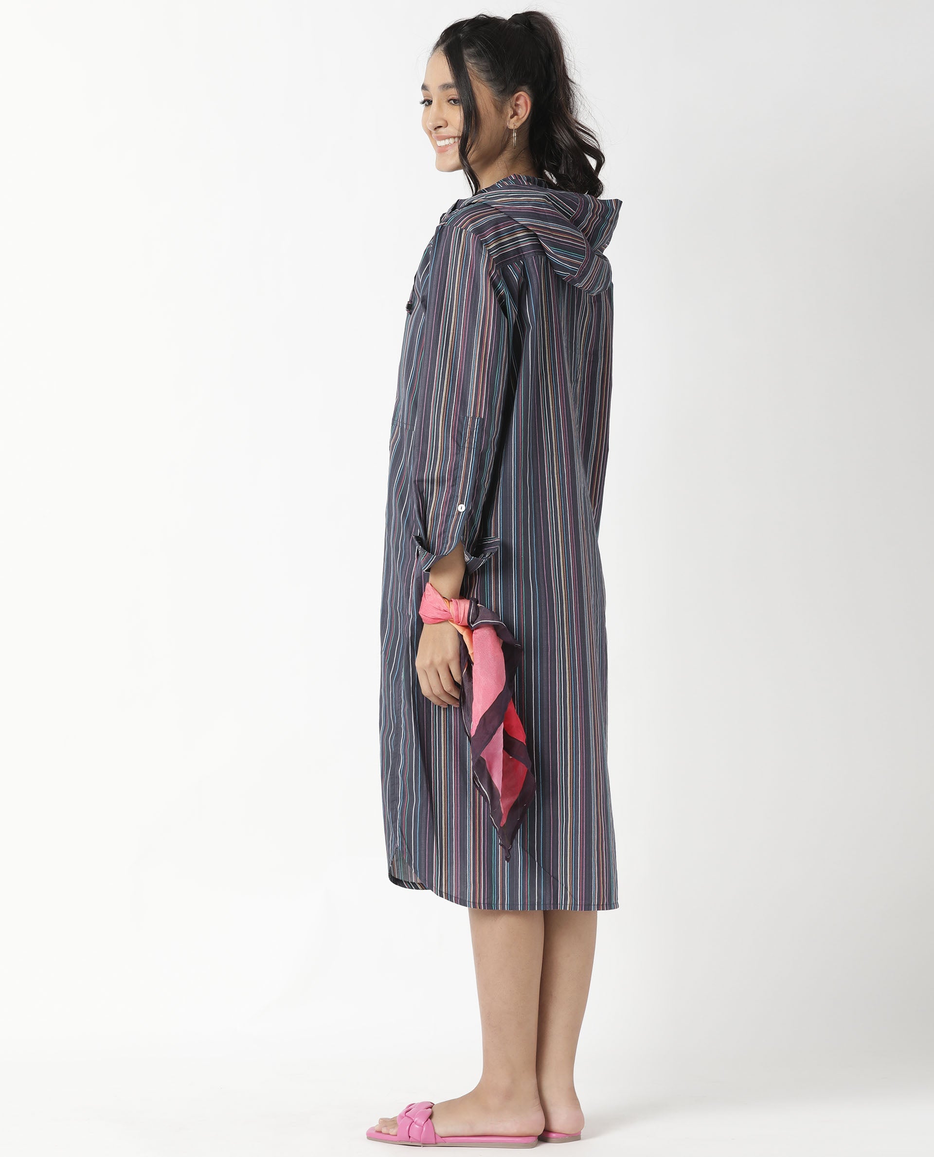 Rareism Women Stipey Black Full Sleeves Neck With Hoodie Centre Patch Pocket With Side Slit Knee Length Dress