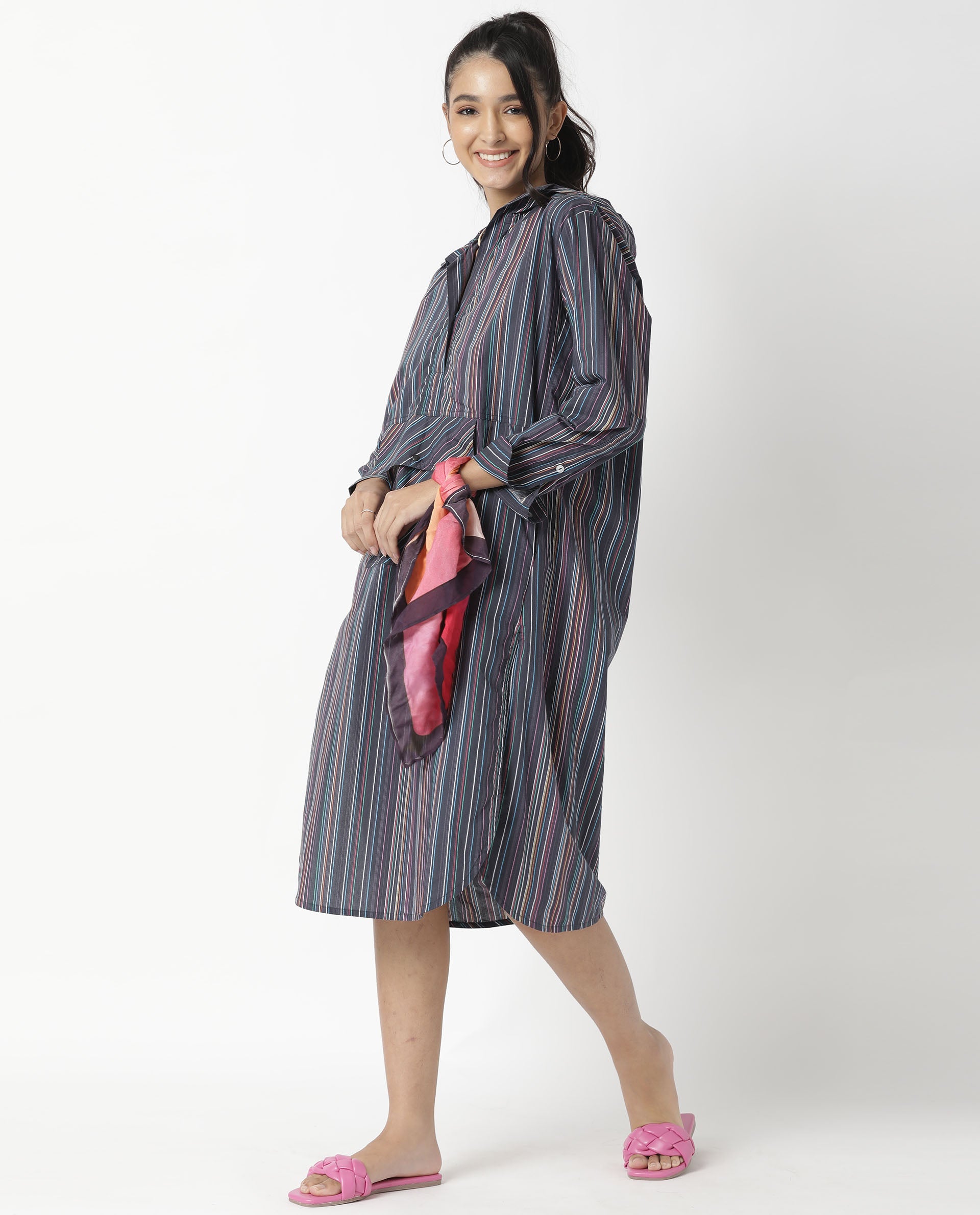 Rareism Women Stipey Black Full Sleeves Neck With Hoodie Centre Patch Pocket With Side Slit Knee Length Dress