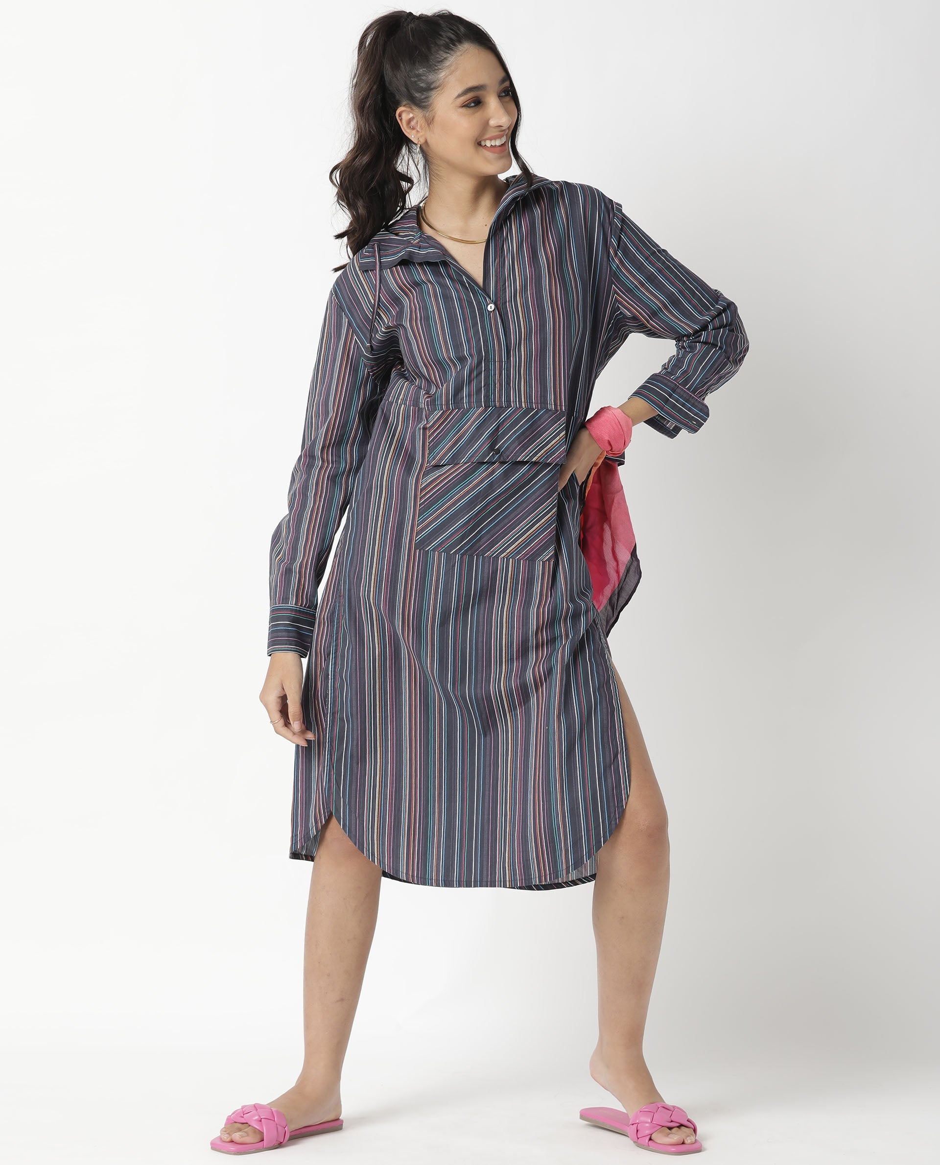 Rareism Women Stipey Black Full Sleeves Neck With Hoodie Centre Patch Pocket With Side Slit Knee Length Dress