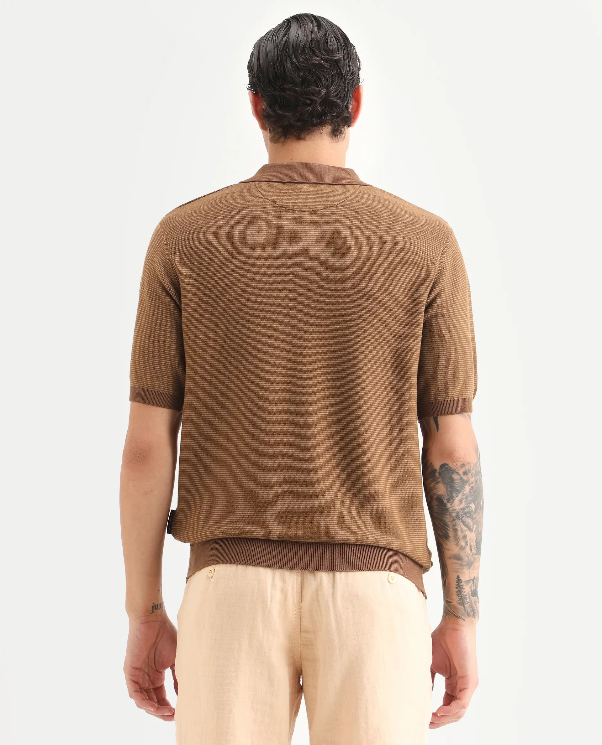 Rare Rabbit Men's Stir Brown Cotton Fabric Half Sleeve Regular Fit Textured Polo