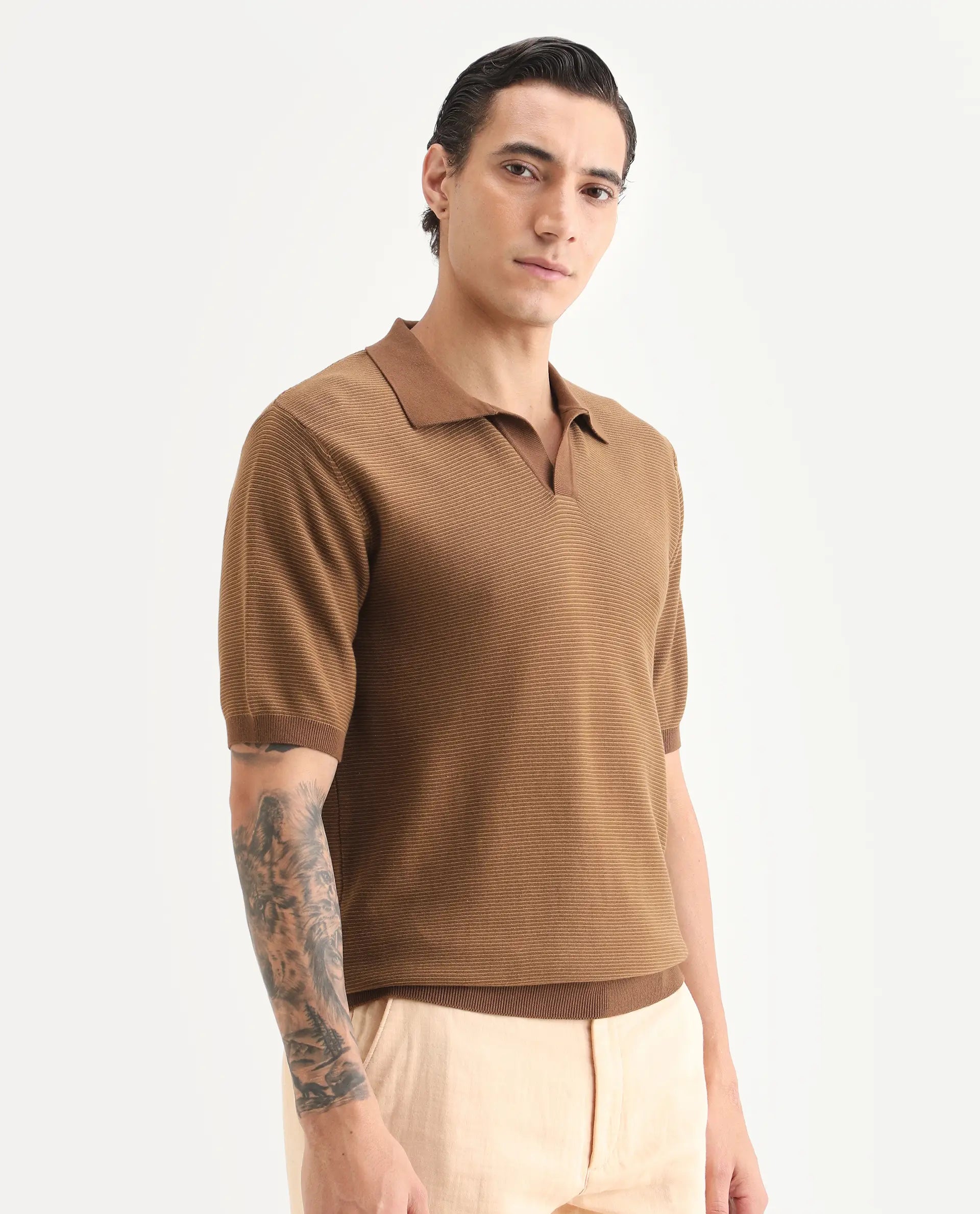 Rare Rabbit Men's Stir Brown Cotton Fabric Half Sleeve Regular Fit Textured Polo