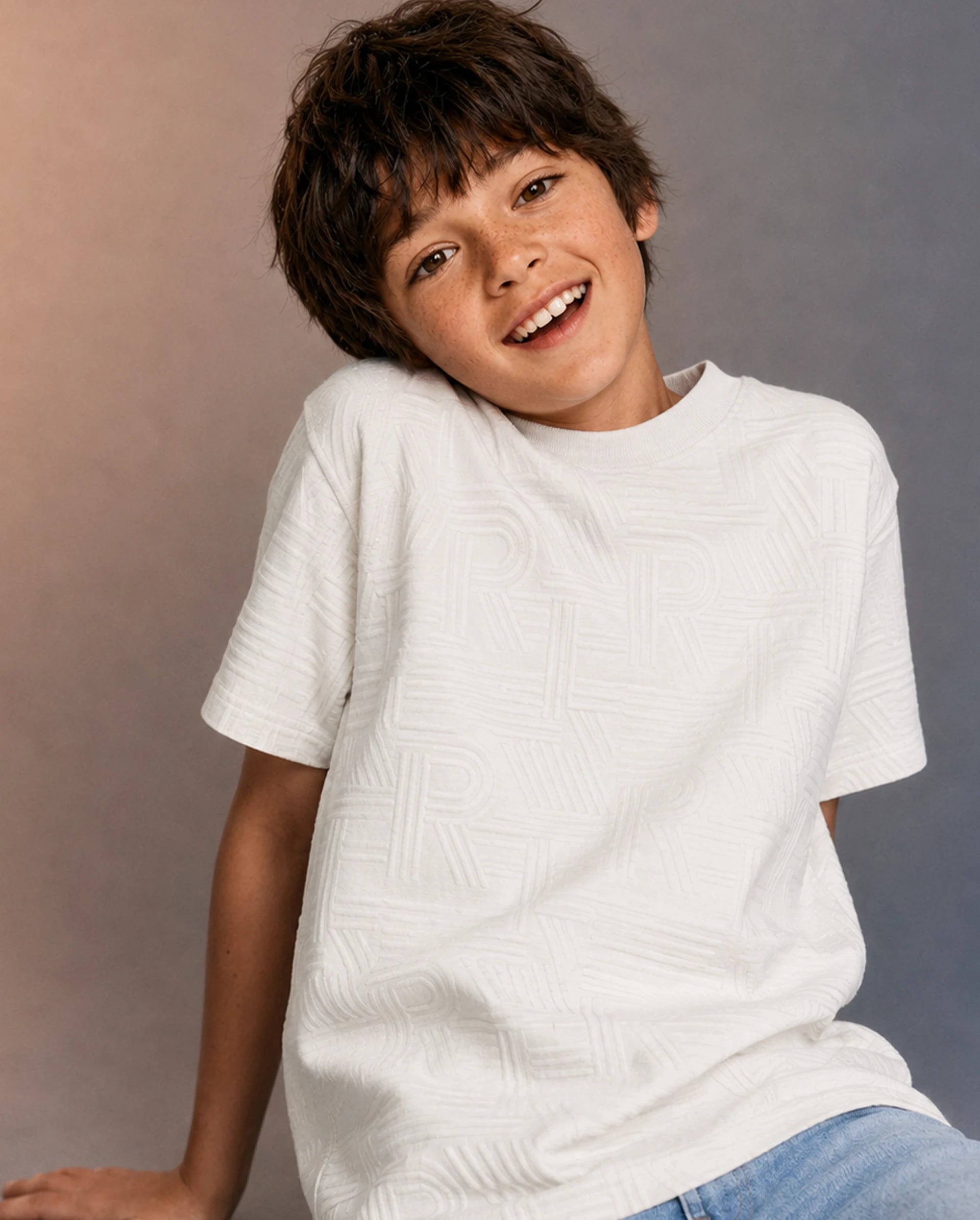 Rare Ones Kids Stom-26 White Cotton Blend Fabric Crew Neck Pull-On Closure Regular Fit Jacquard T-Shirt