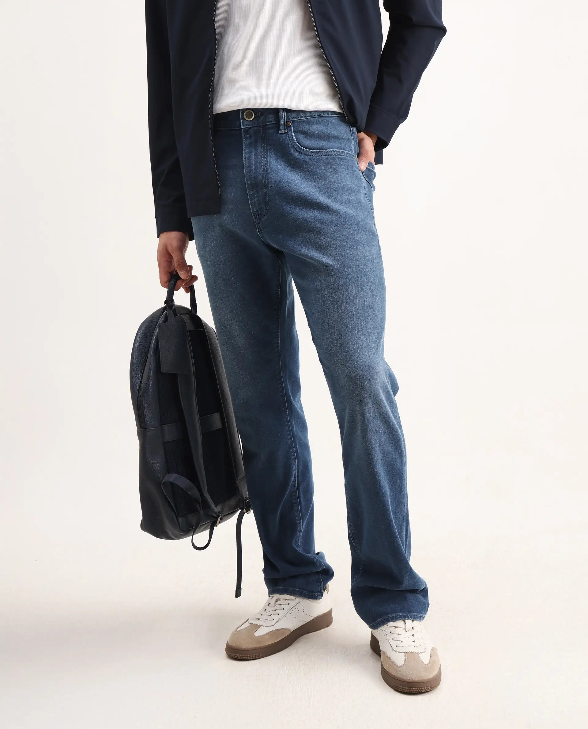 Rare Rabbit Men's Stone Blue Cotton Blend Plain Morris Regular Fit Jeans