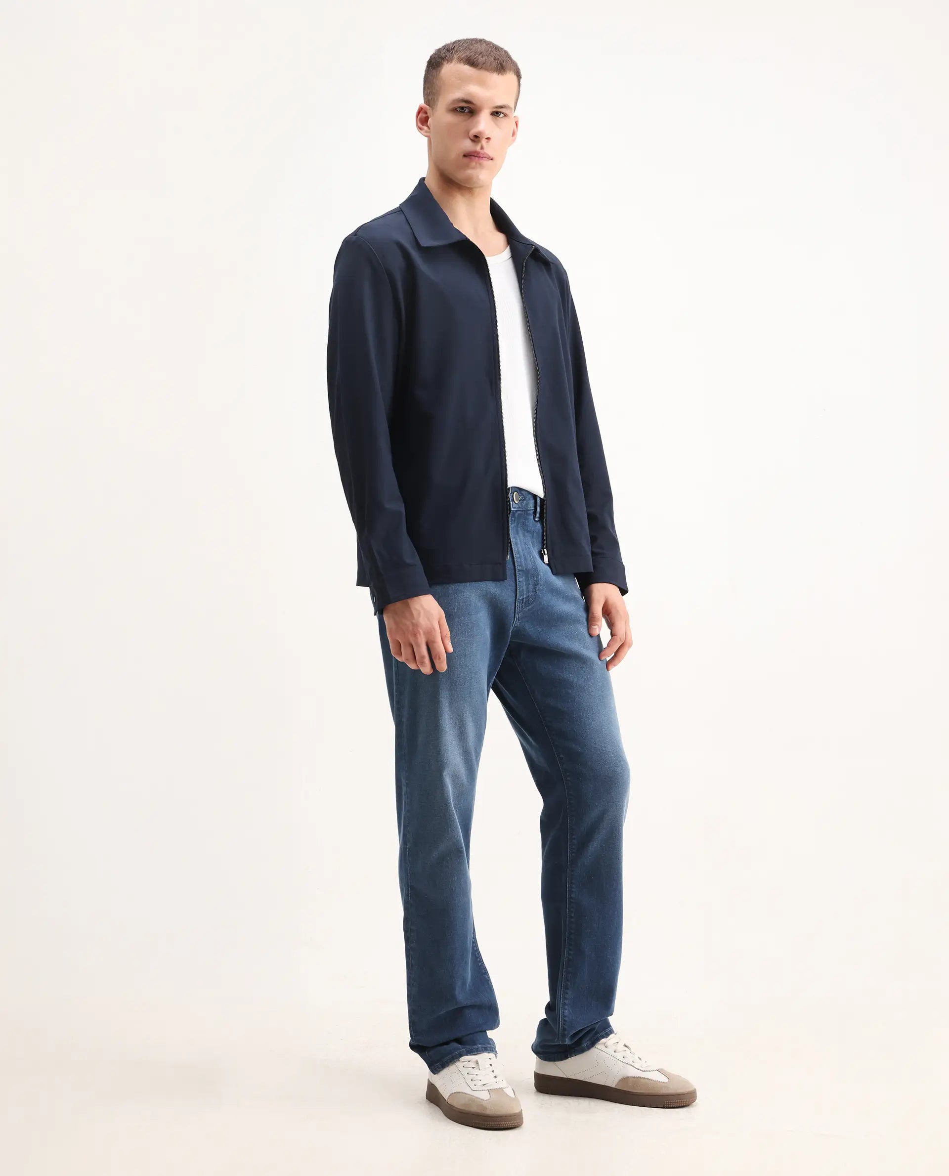 Rare Rabbit Men's Stone Blue Cotton Blend Plain Morris Regular Fit Jeans