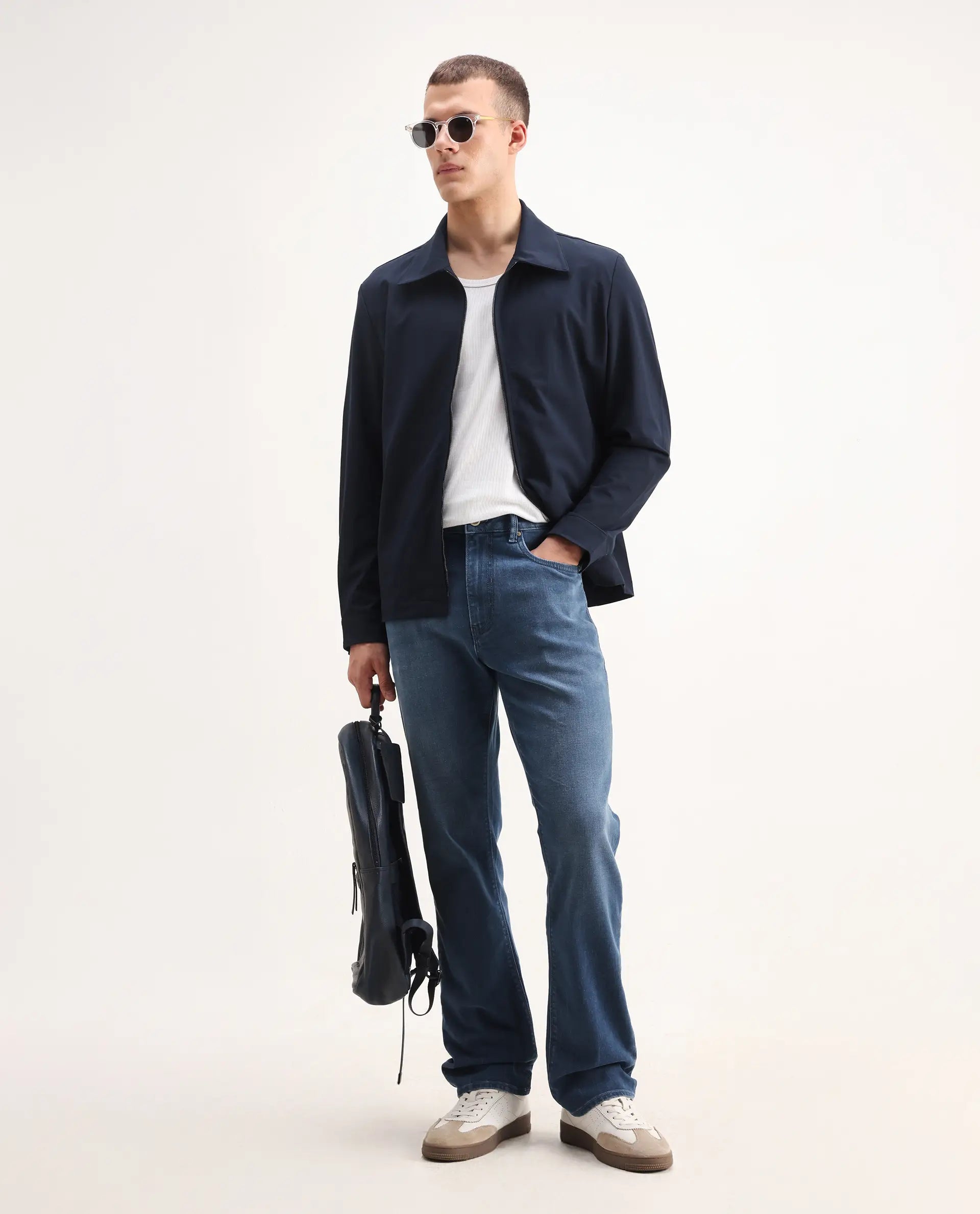 Rare Rabbit Men's Stone Blue Cotton Blend Plain Morris Regular Fit Jeans