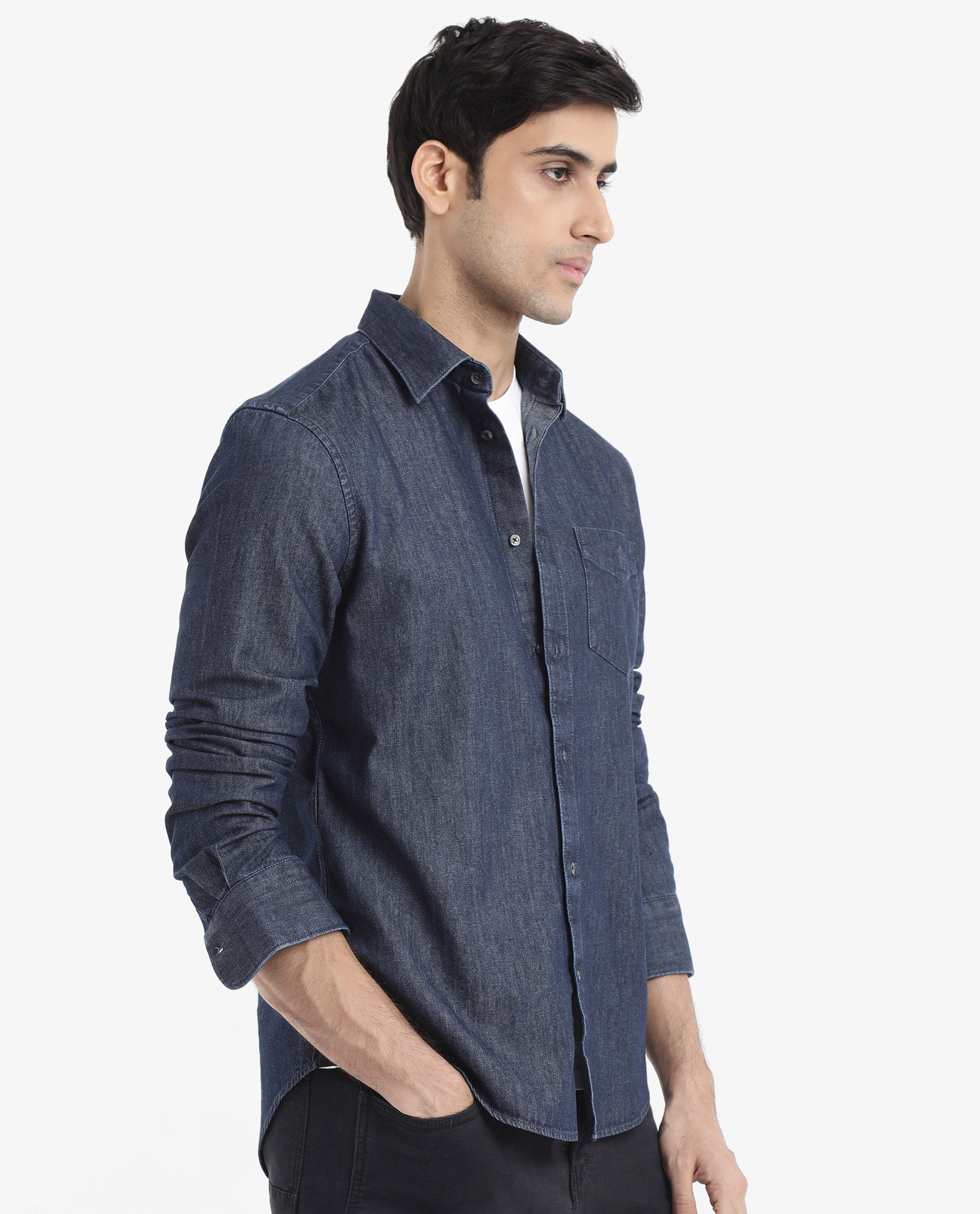 Rare Rabbit Men's Storm Dark Blue Cotton Fabric Full Sleeve Regular Fit Plain Denim Shirt