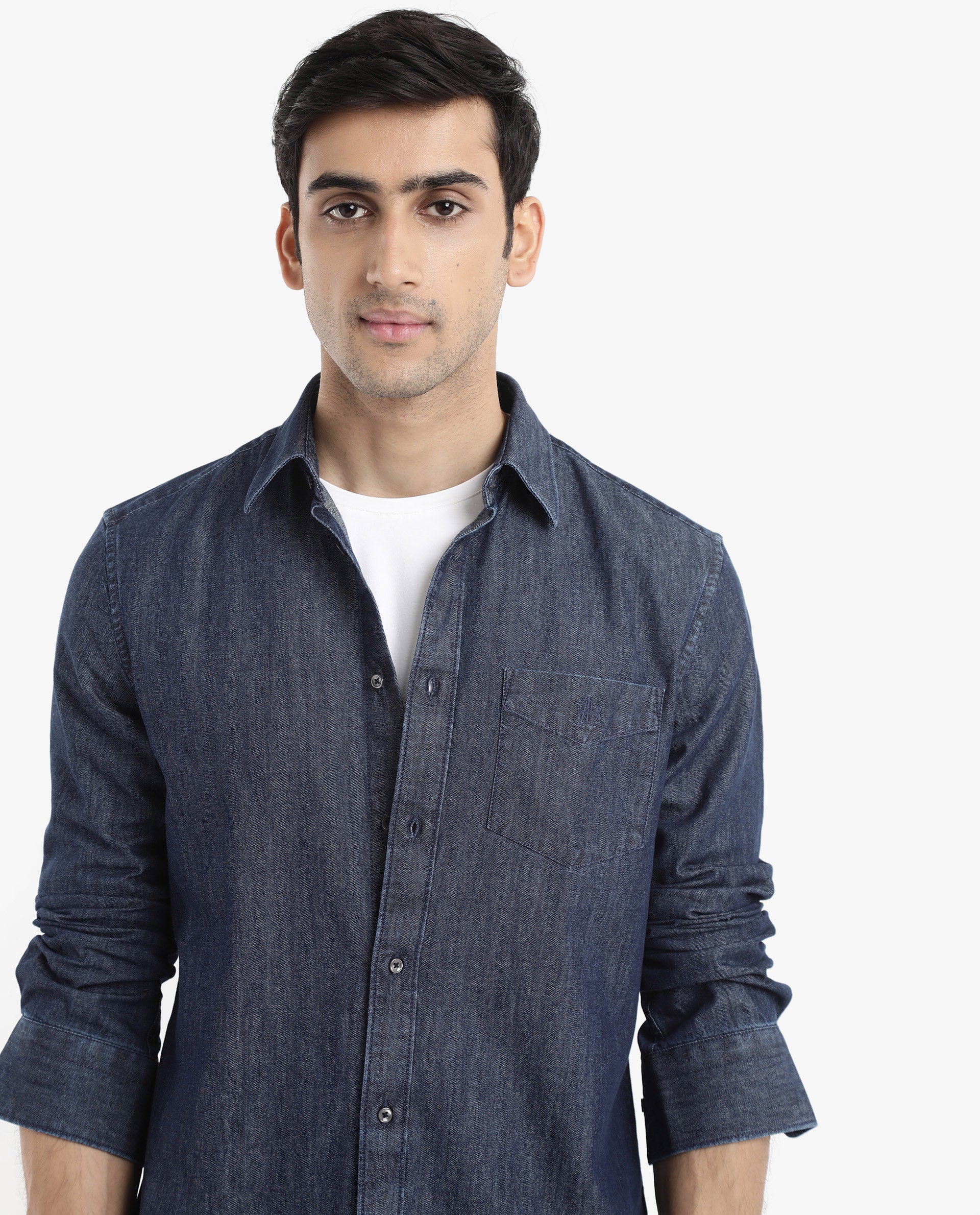 Rare Rabbit Men's Storm Dark Blue Cotton Fabric Full Sleeve Regular Fit Plain Denim Shirt