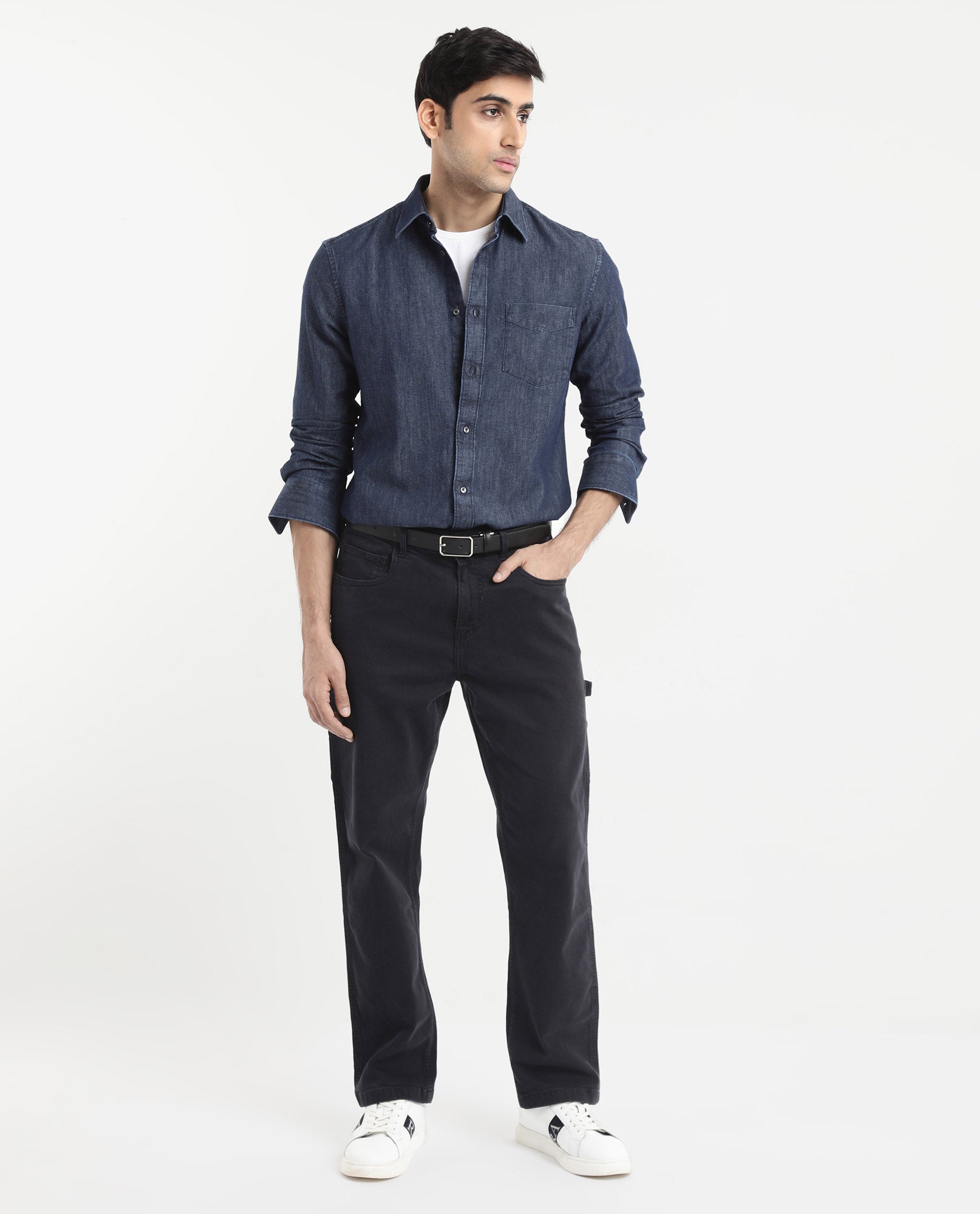 Rare Rabbit Men's Storm Dark Blue Cotton Fabric Full Sleeve Regular Fit Plain Denim Shirt