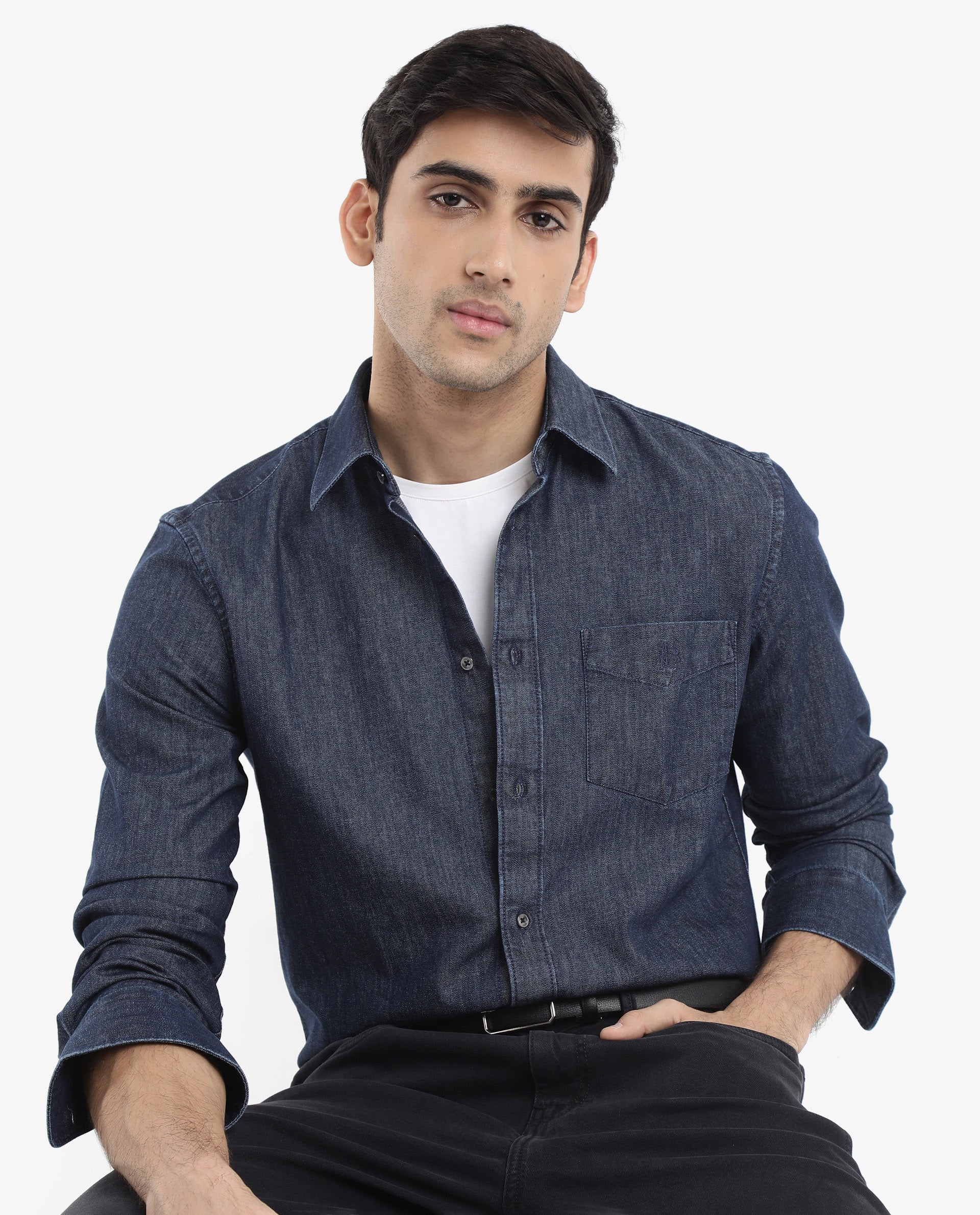 Rare Rabbit Men's Storm Dark Blue Cotton Fabric Full Sleeve Regular Fit Plain Denim Shirt