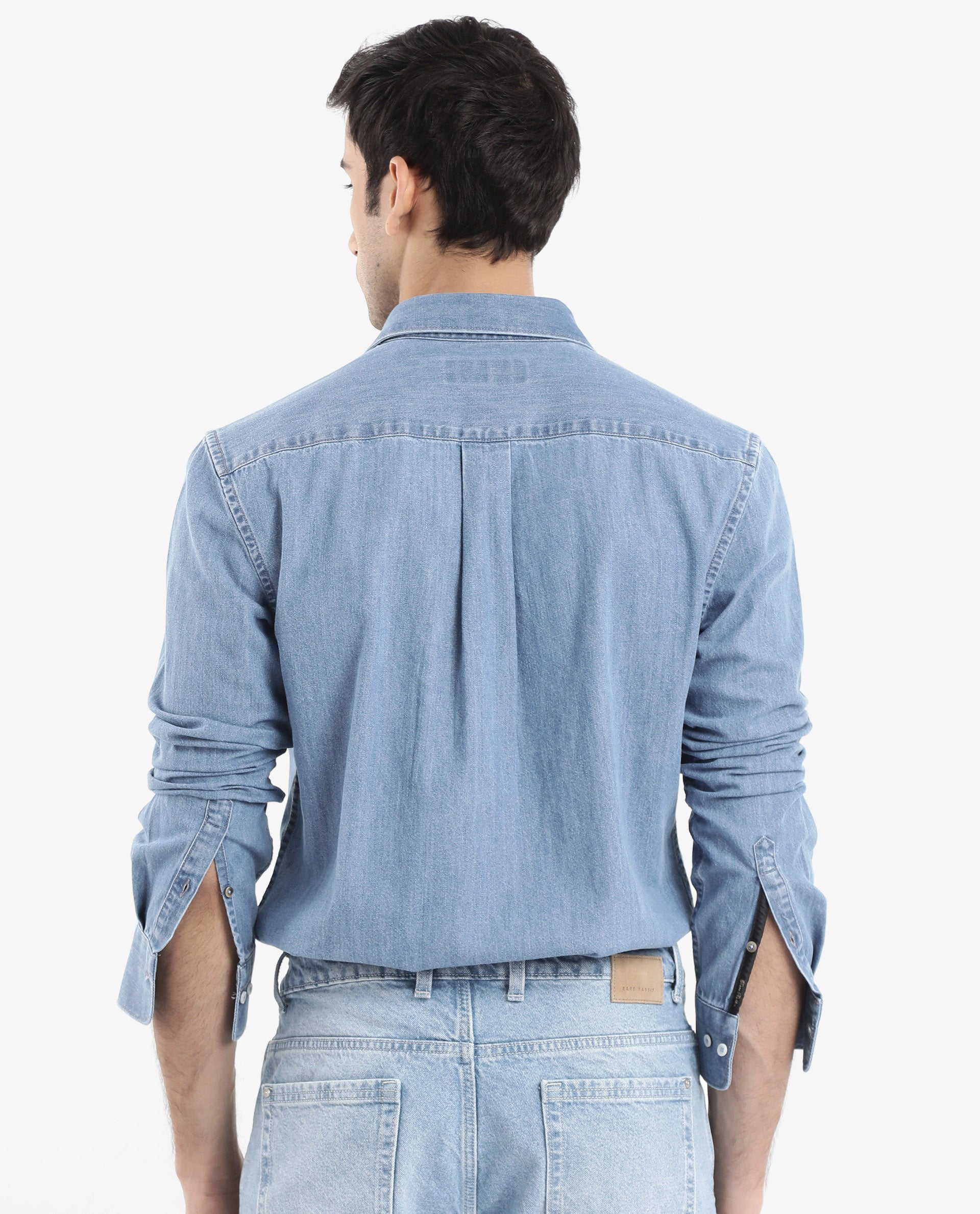 Rare Rabbit Men's Storm Light Blue Cotton Fabric Full Sleeve Regular Fit Plain Denim Shirt