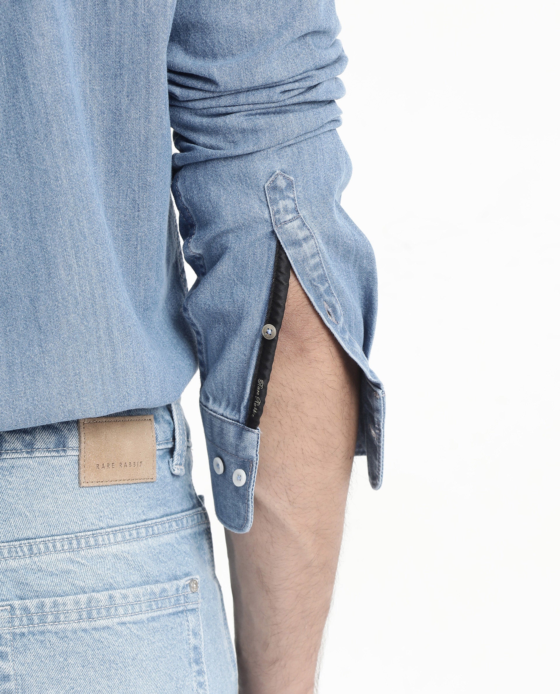 Rare Rabbit Men's Storm Light Blue Cotton Fabric Full Sleeve Regular Fit Plain Denim Shirt