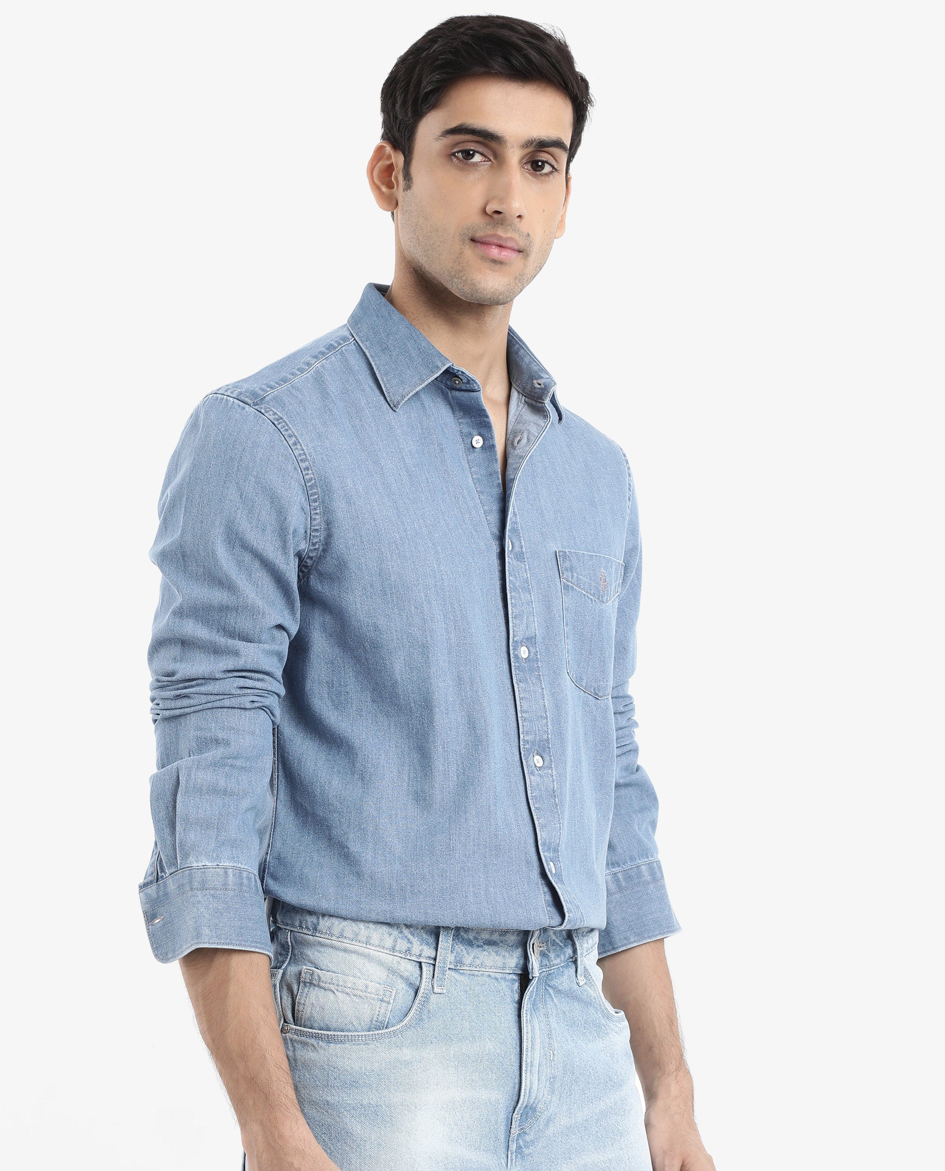 Rare Rabbit Men's Storm Light Blue Cotton Fabric Full Sleeve Regular Fit Plain Denim Shirt