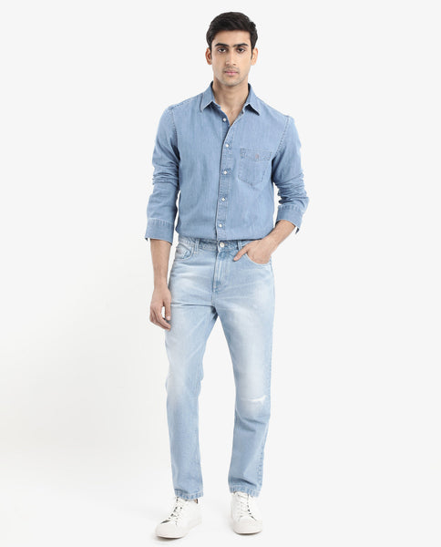 Rare Rabbit Men's Storm Light Blue Cotton Plain Regular Fit Full Sleev