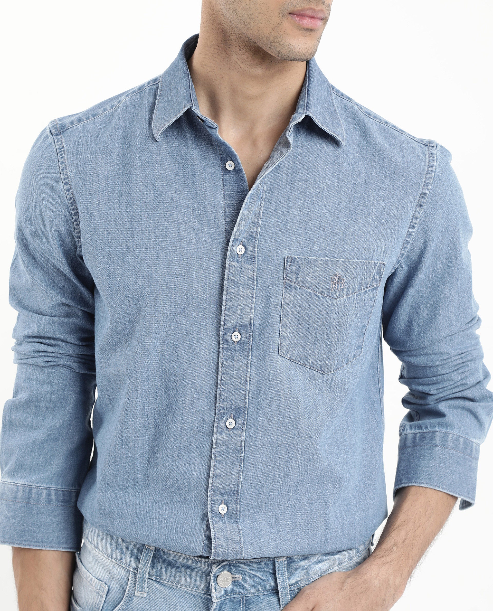 Rare Rabbit Men's Storm Light Blue Cotton Fabric Full Sleeve Regular Fit Plain Denim Shirt