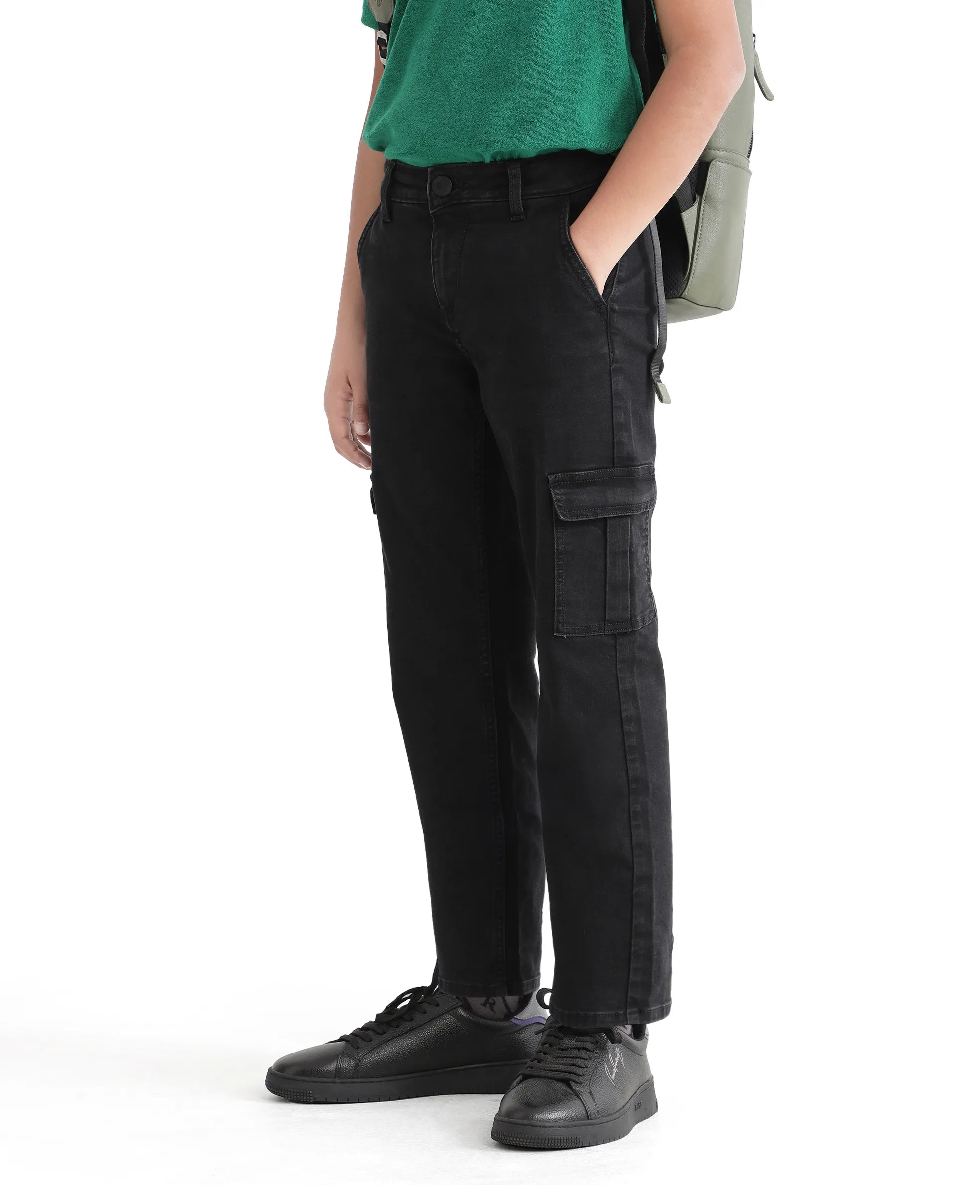 Rare Ones Kids Strait Black Cotton Zipper Closure Solid Loose Fit Jeans