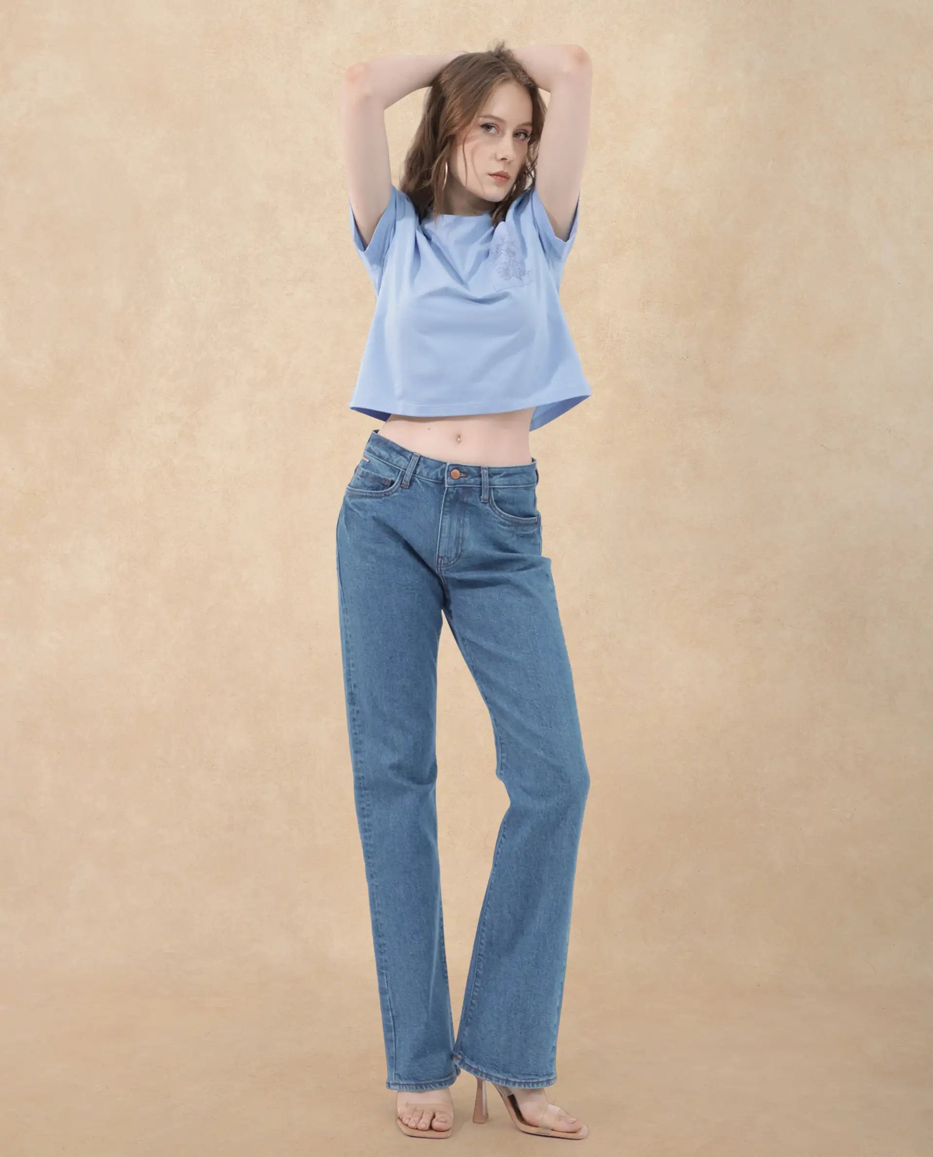 Rareism Women Strankle Blue Cotton Elastane Fabric Crew Neck Knit Solid T-Shirt