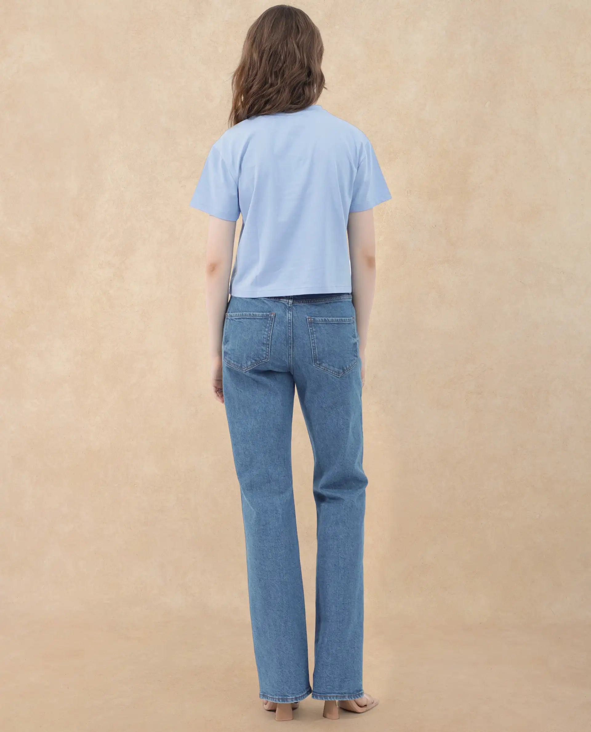 Rareism Women Strankle Blue Cotton Elastane Fabric Crew Neck Knit Solid T-Shirt