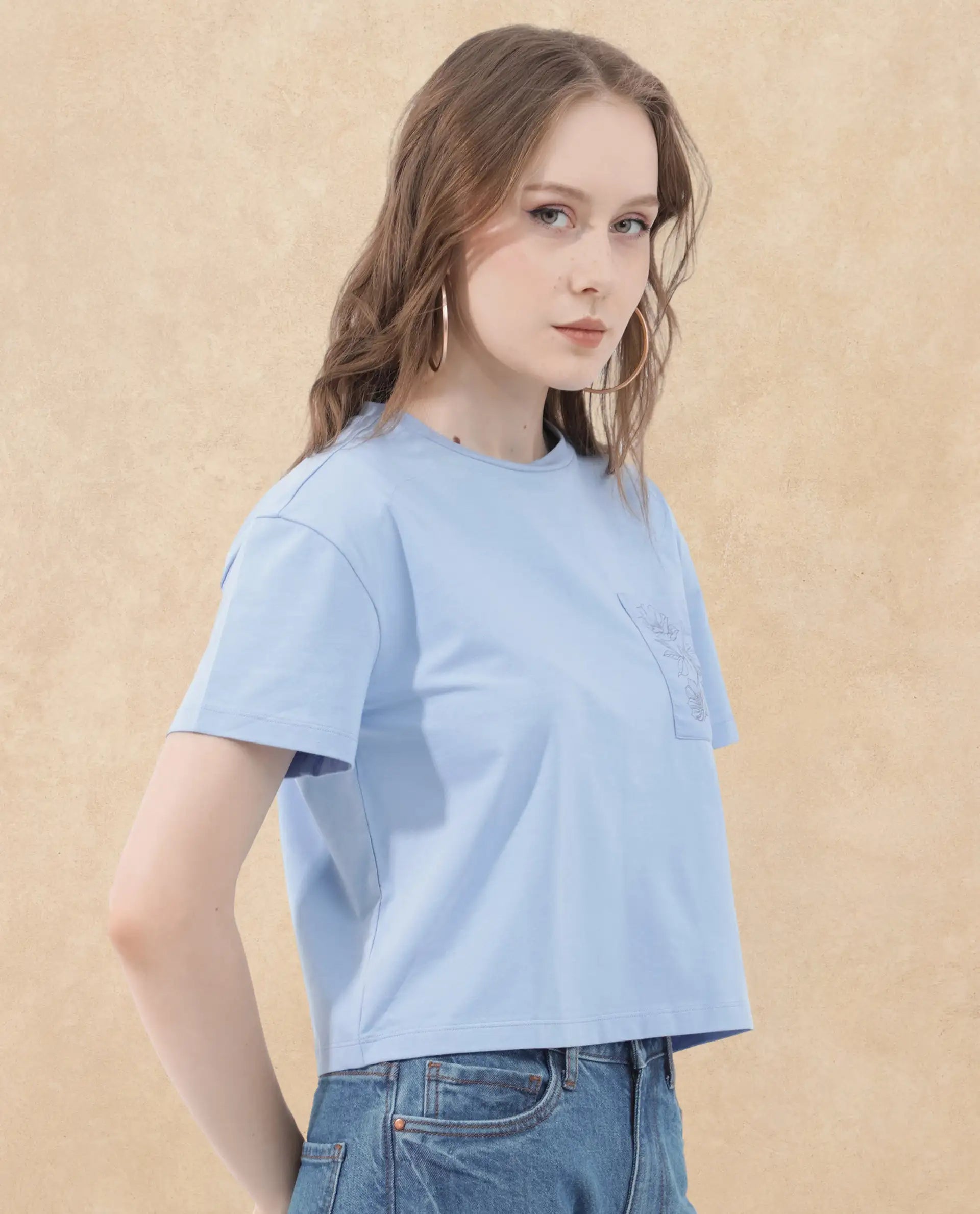 Rareism Women Strankle Blue Cotton Elastane Fabric Crew Neck Knit Solid T-Shirt