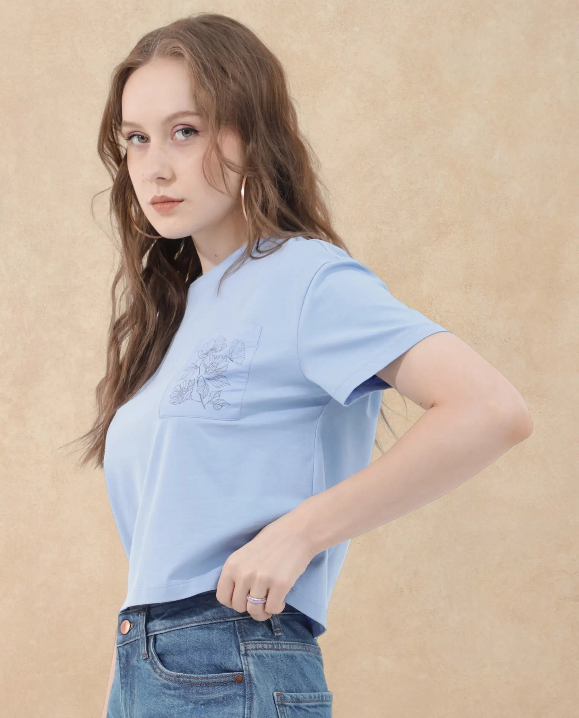 Rareism Women Strankle Blue Cotton Elastane Fabric Crew Neck Knit Solid T-Shirt