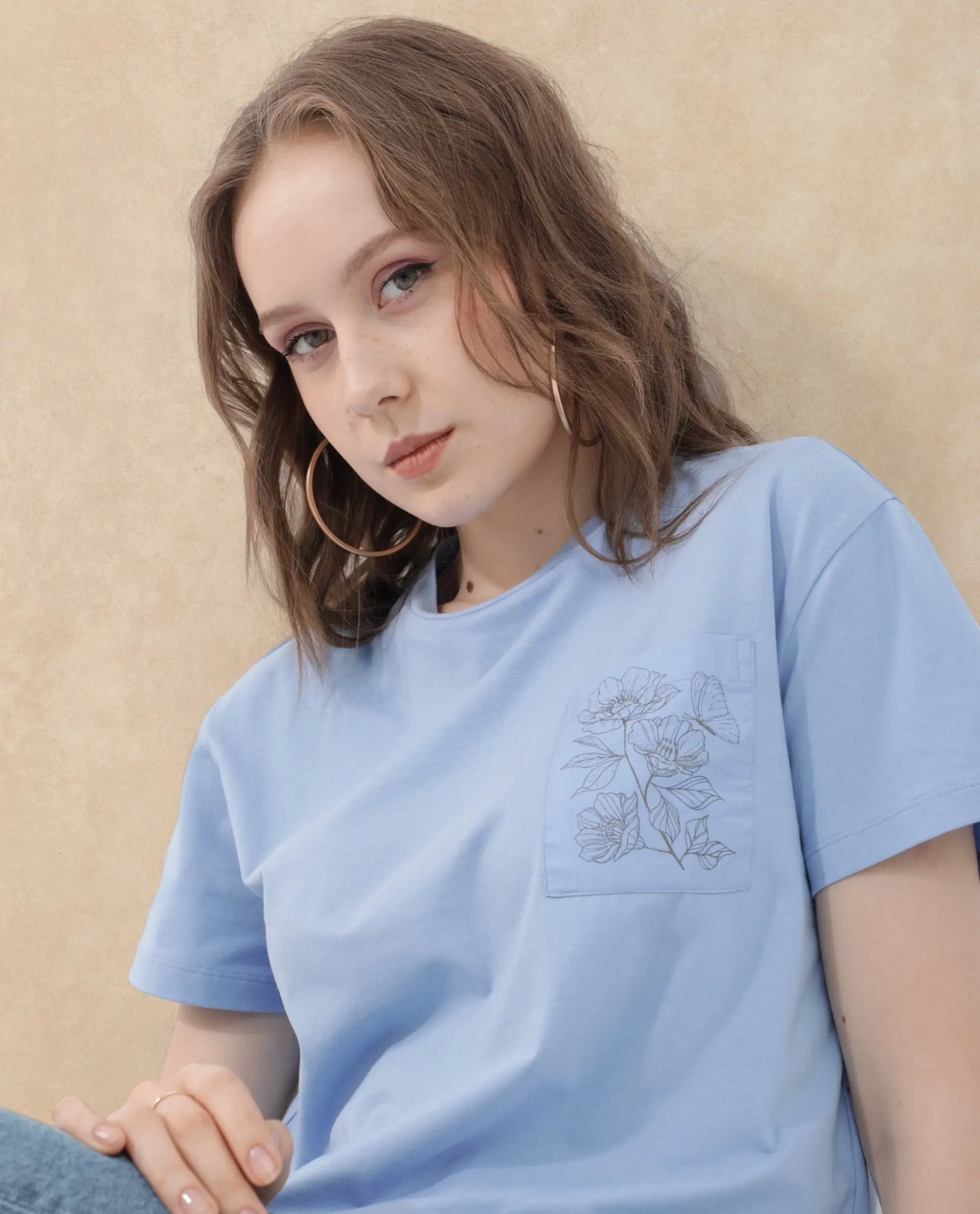 Rareism Women Strankle Blue Cotton Elastane Fabric Crew Neck Knit Solid T-Shirt