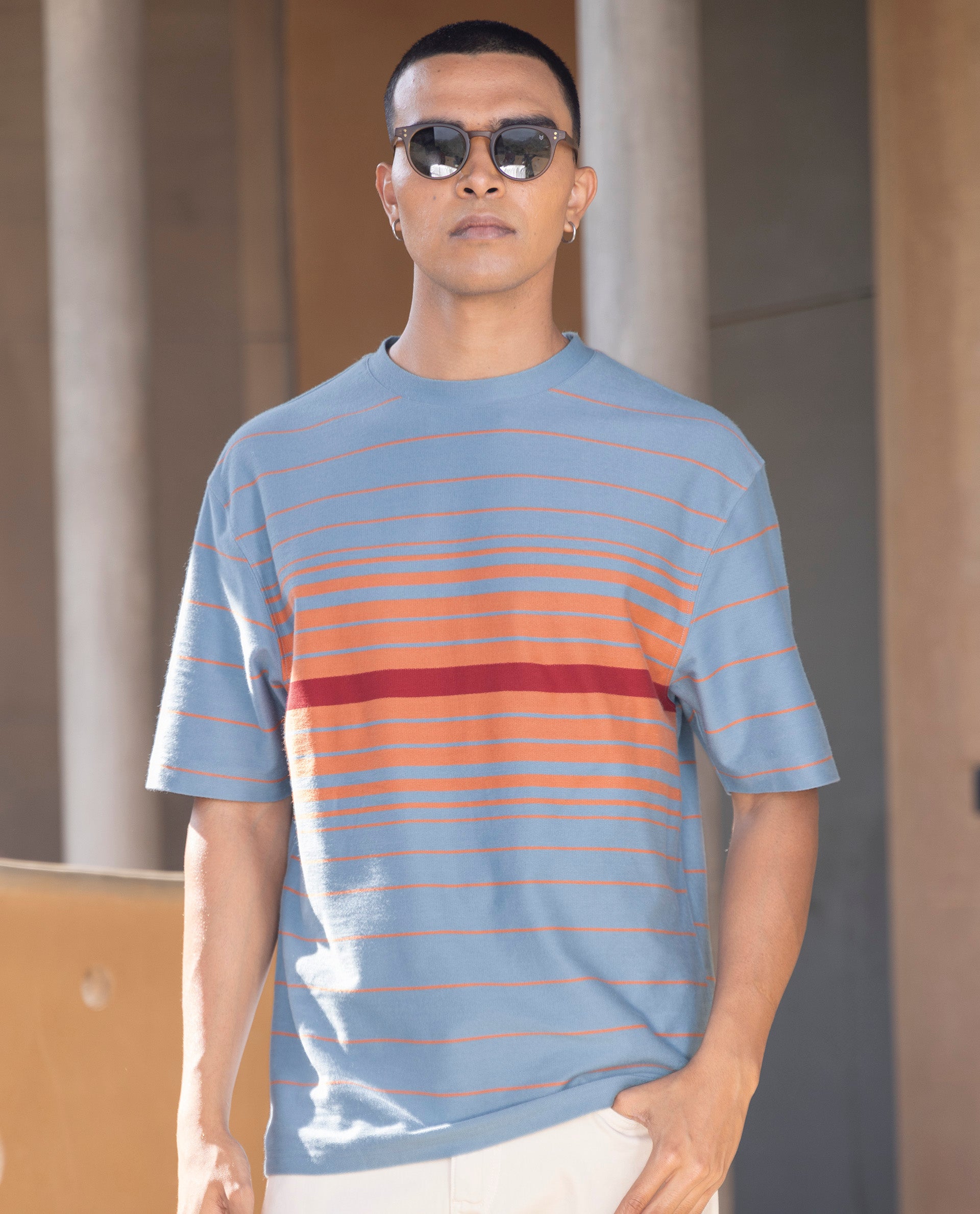 Rare Rabbit Mens Kot Dusky Blue Cotton Fabric Short Sleeves Oversized Fit Stripe T-Shirt