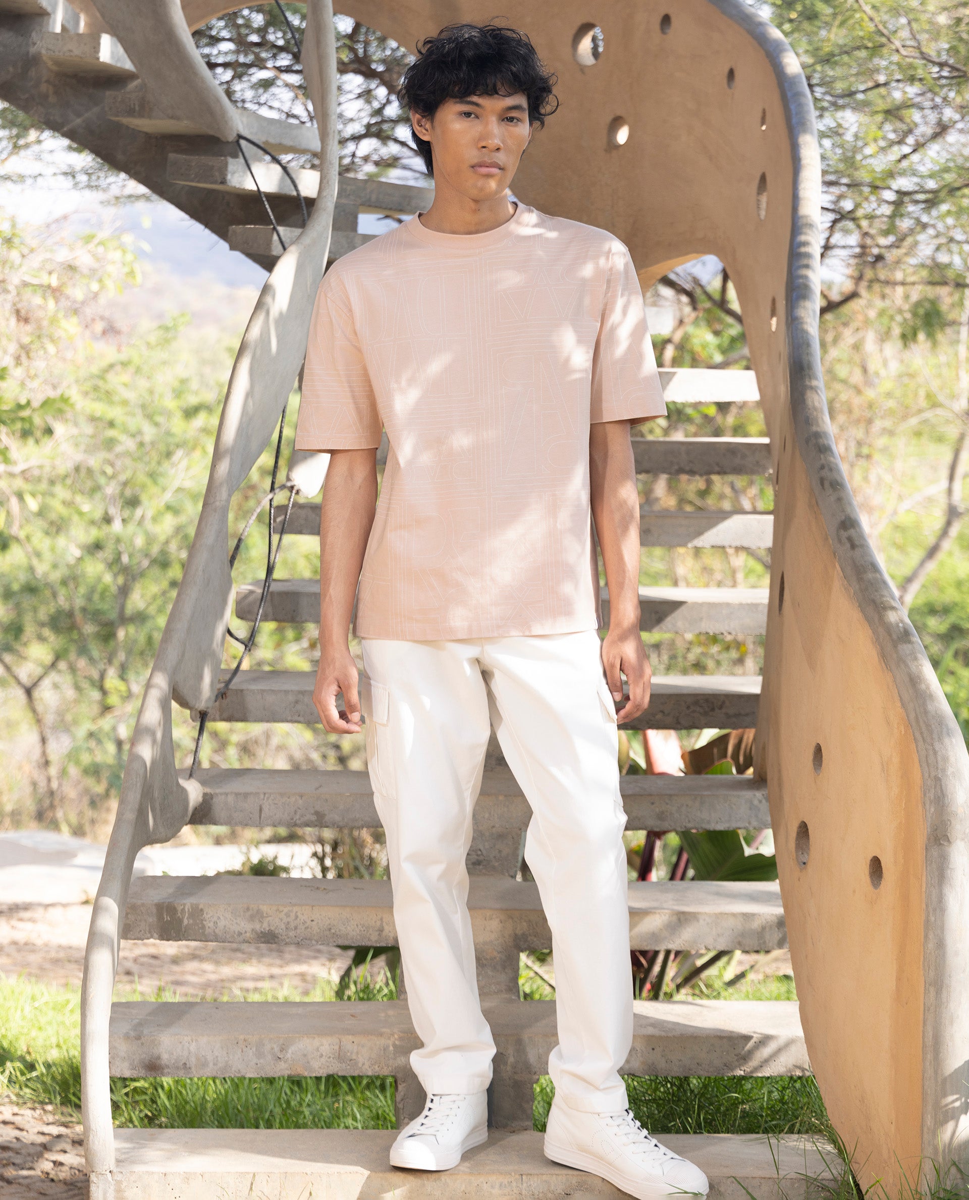 Rare Rabbit Articale Men's Hagrid Pastel Pink Cotton Polyester Fabric Crew Neck Oversized Fit Branded Graphic Print T-Shirt