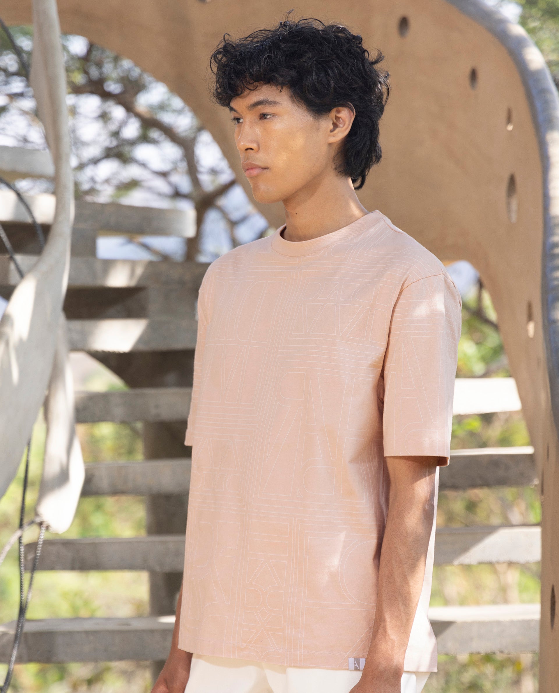 Rare Rabbit Articale Men's Hagrid Pastel Pink Cotton Polyester Fabric Crew Neck Oversized Fit Branded Graphic Print T-Shirt