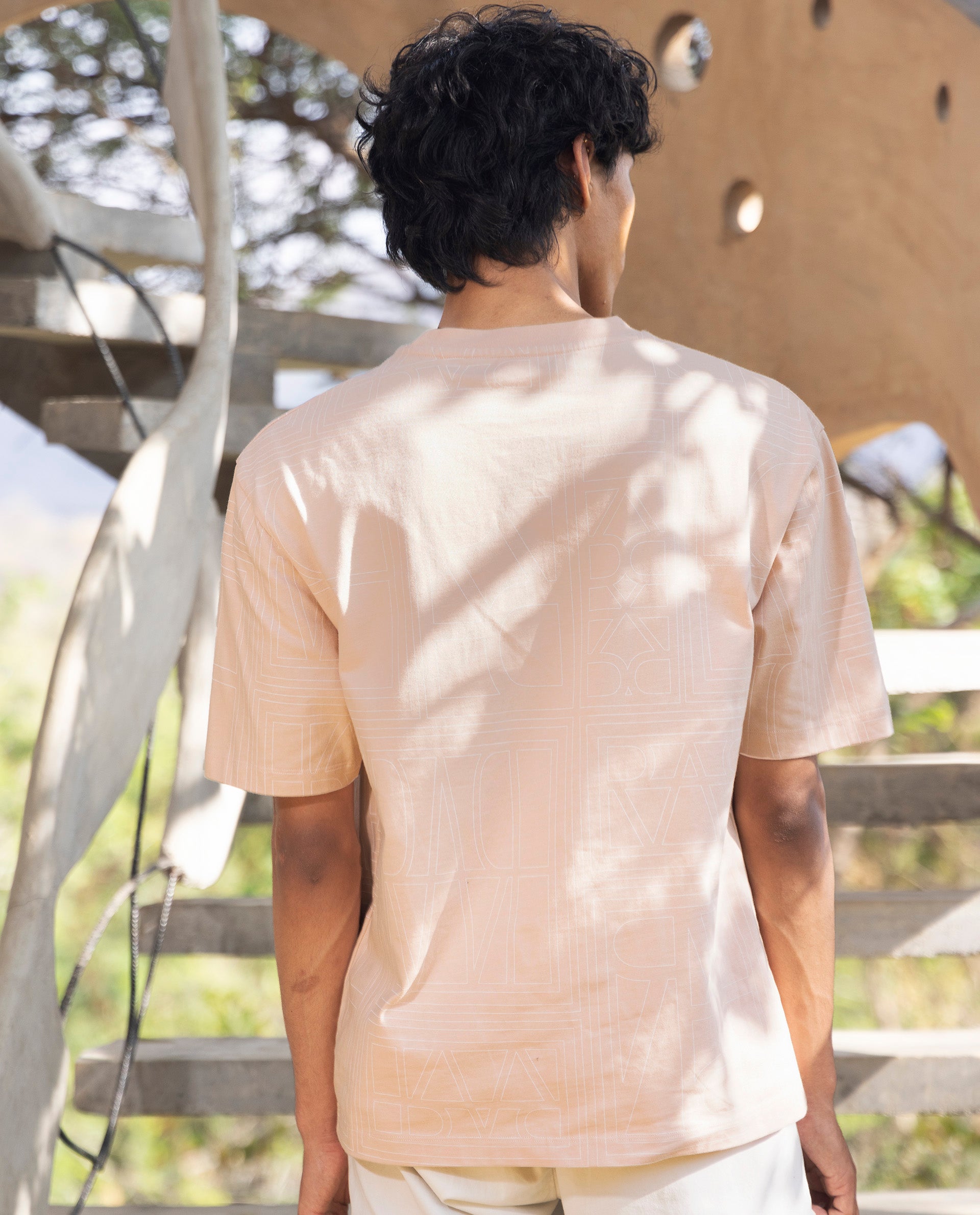 Rare Rabbit Articale Men's Hagrid Pastel Pink Cotton Polyester Fabric Crew Neck Oversized Fit Branded Graphic Print T-Shirt