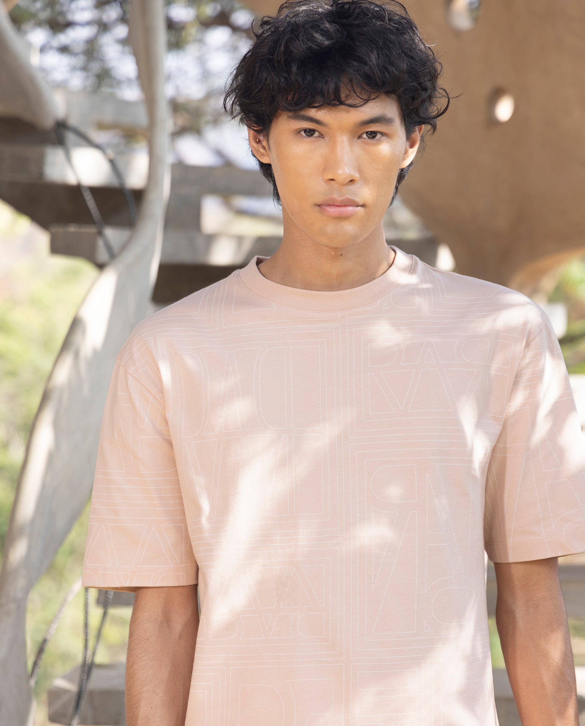 Rare Rabbit Articale Men's Hagrid Pastel Pink Cotton Polyester Fabric Crew Neck Oversized Fit Branded Graphic Print T-Shirt