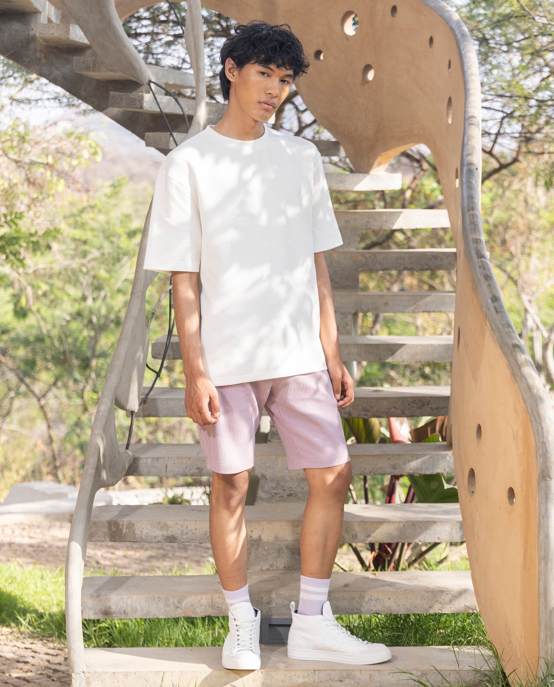 Rare Rabbit Men's Breet White Cotton Lycra Fabric Short Sleeve Oversized Fit Ribbed Solid T-Shirt