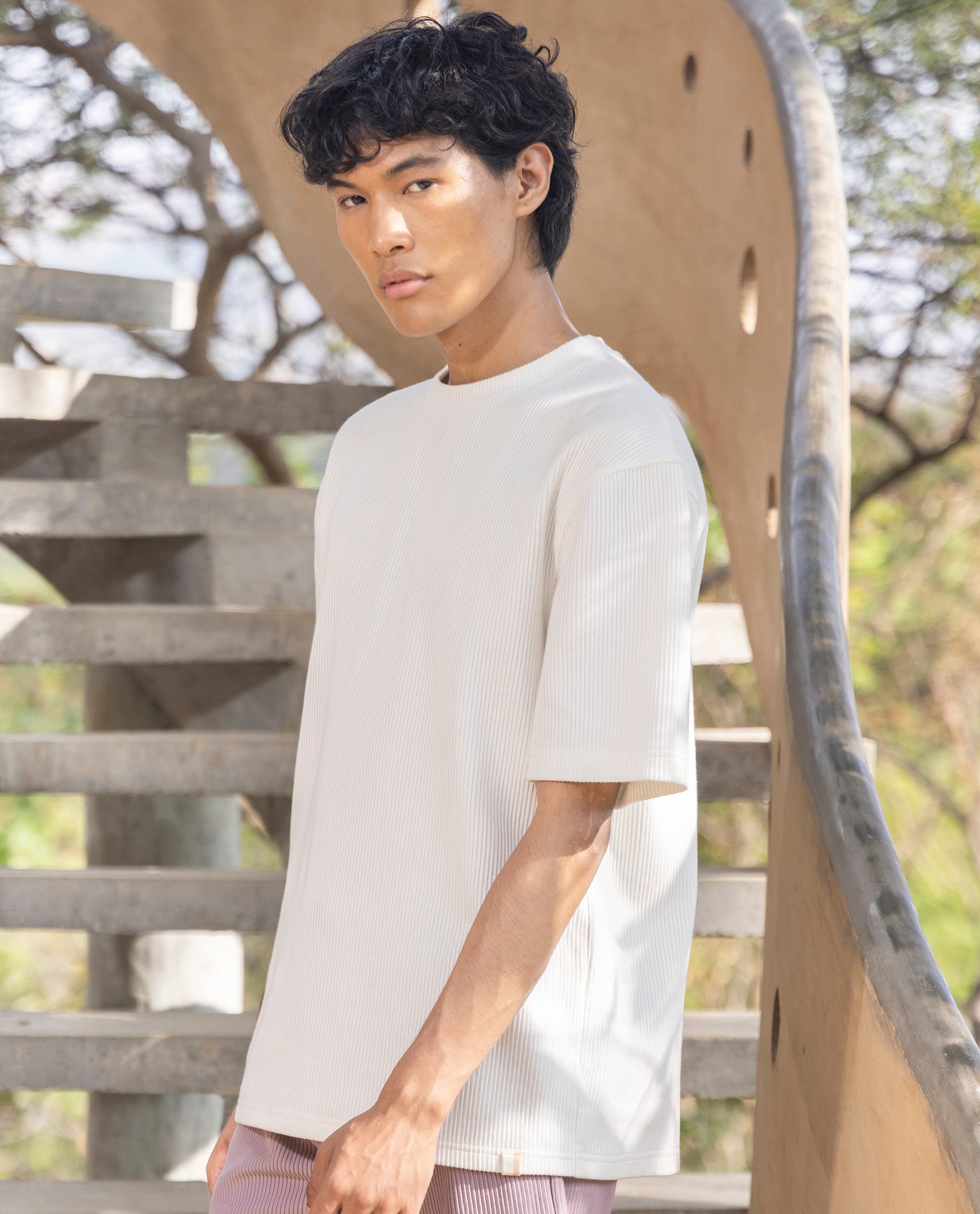 Rare Rabbit Men's Breet White Cotton Lycra Fabric Short Sleeve Oversized Fit Ribbed Solid T-Shirt