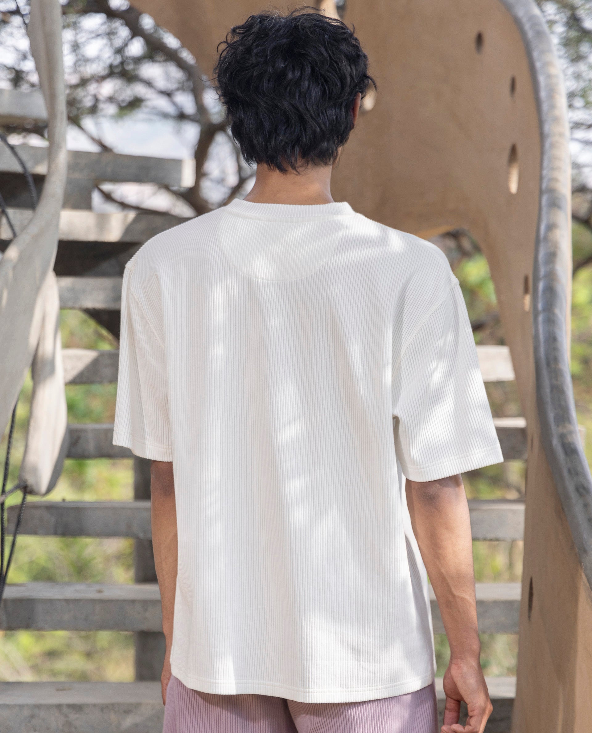 Rare Rabbit Men's Breet White Cotton Lycra Fabric Short Sleeve Oversized Fit Ribbed Solid T-Shirt