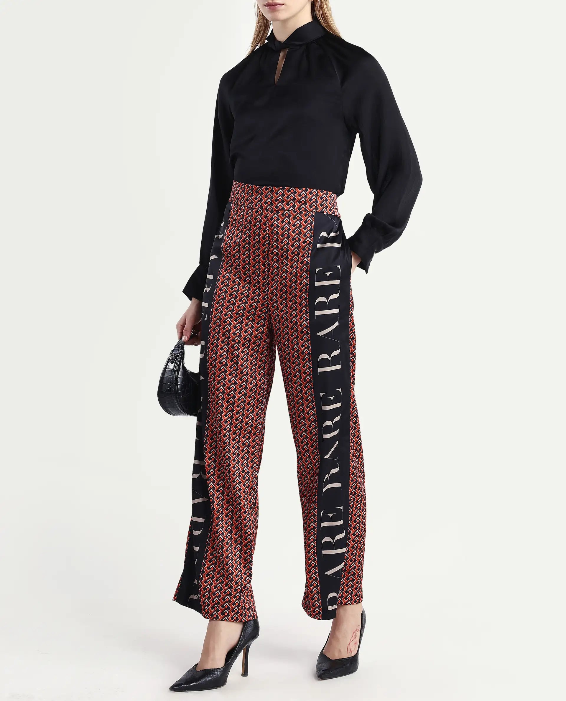 Rareism Women's Streif Orange Polyester Geometric Print Ankle Length Relaxed Fit Trouser