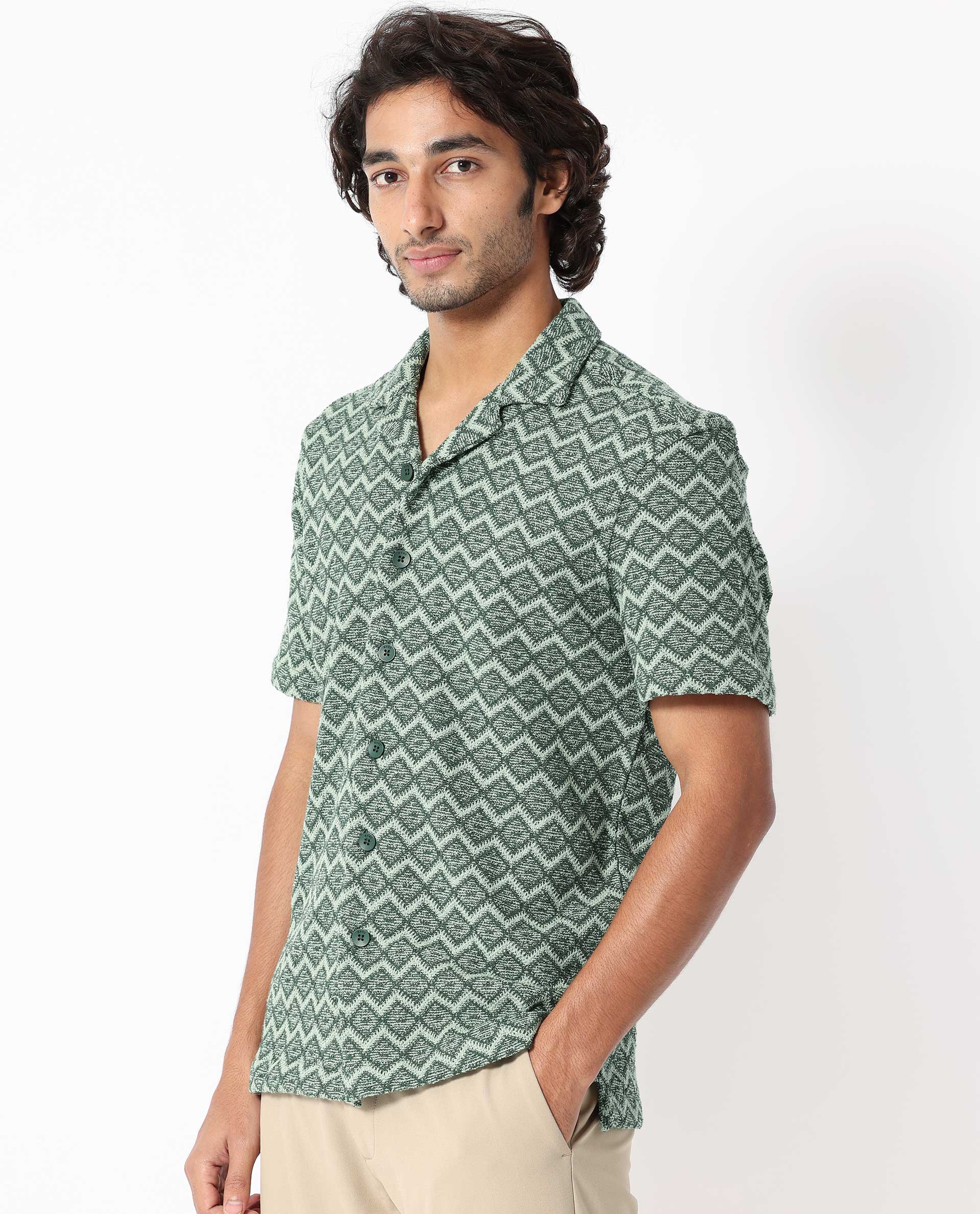 Rare Rabbit Men's Stretch Green Cotton Polyester Fabric Cuban Collar Half Sleeves Geometric Knitted Shirt