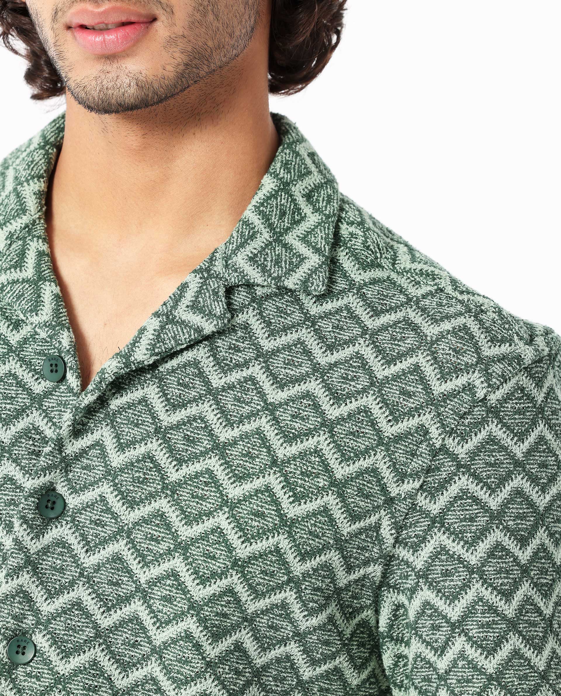 Rare Rabbit Men's Stretch Green Cotton Polyester Fabric Cuban Collar Half Sleeves Geometric Knitted Shirt