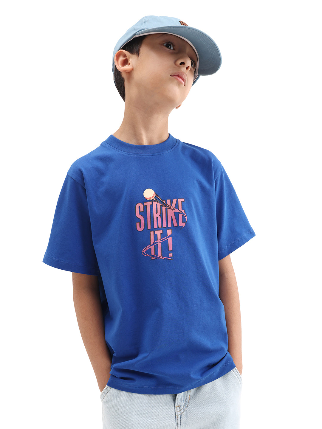 Rare Ones Kids Strike Blue Cotton Blend Fabric Pull On Closure Regular Fit Graphic Print T-Shirt