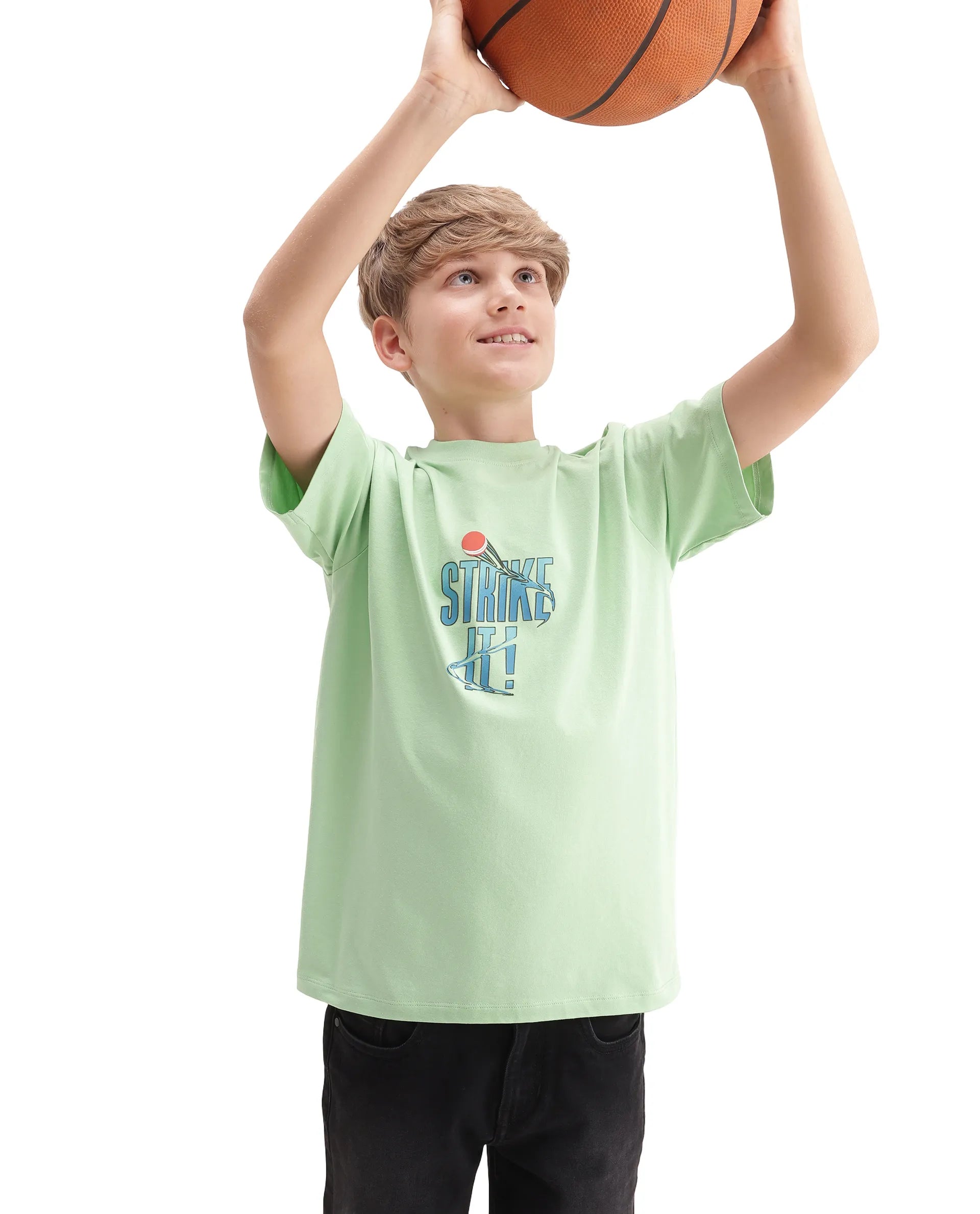 Rare Ones Kids Strike Light Green Cotton Blend Fabric Pull On Closure Regular Fit Graphic Print T-Shirt