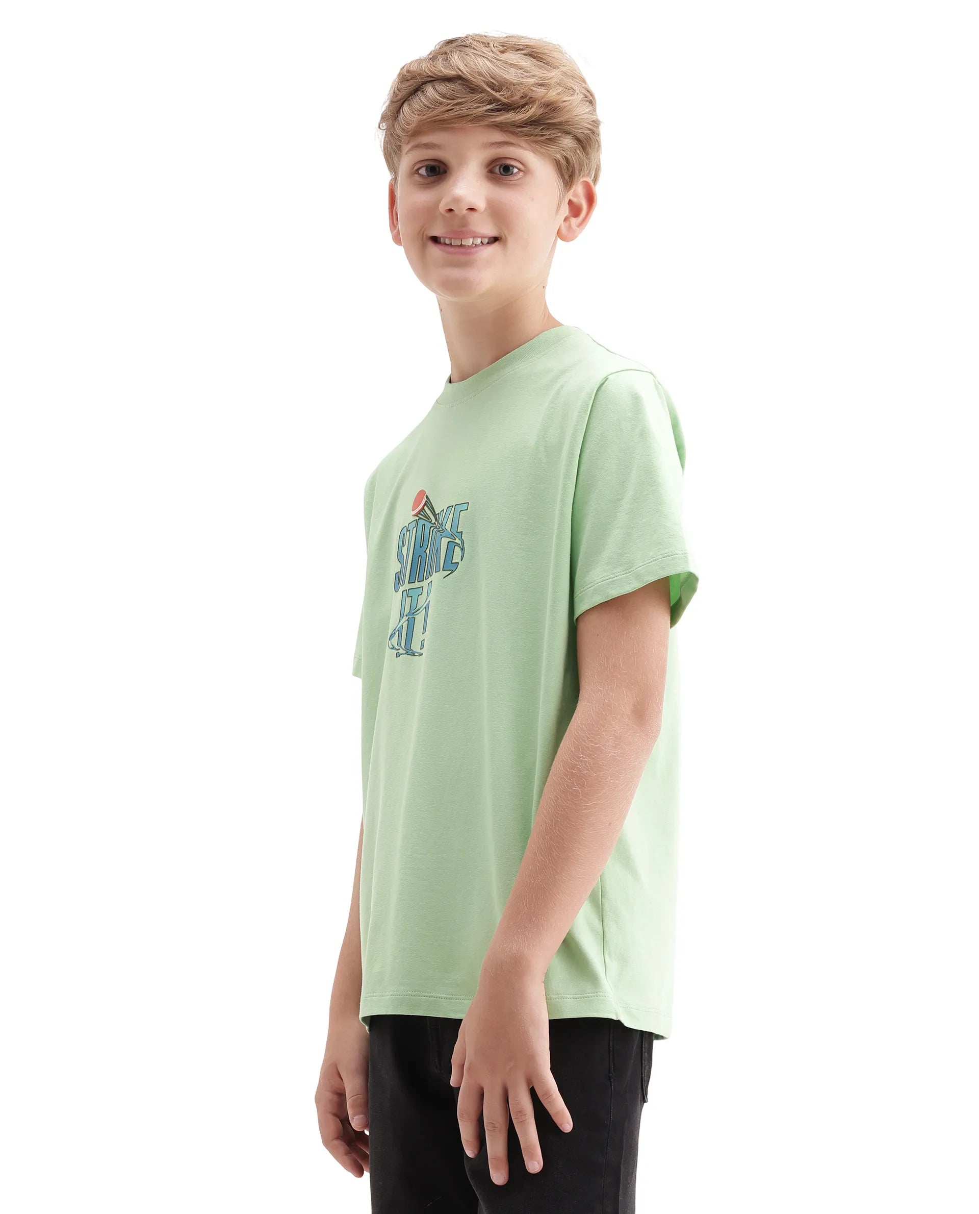 Rare Ones Kids Strike Light Green Cotton Blend Fabric Pull On Closure Regular Fit Graphic Print T-Shirt