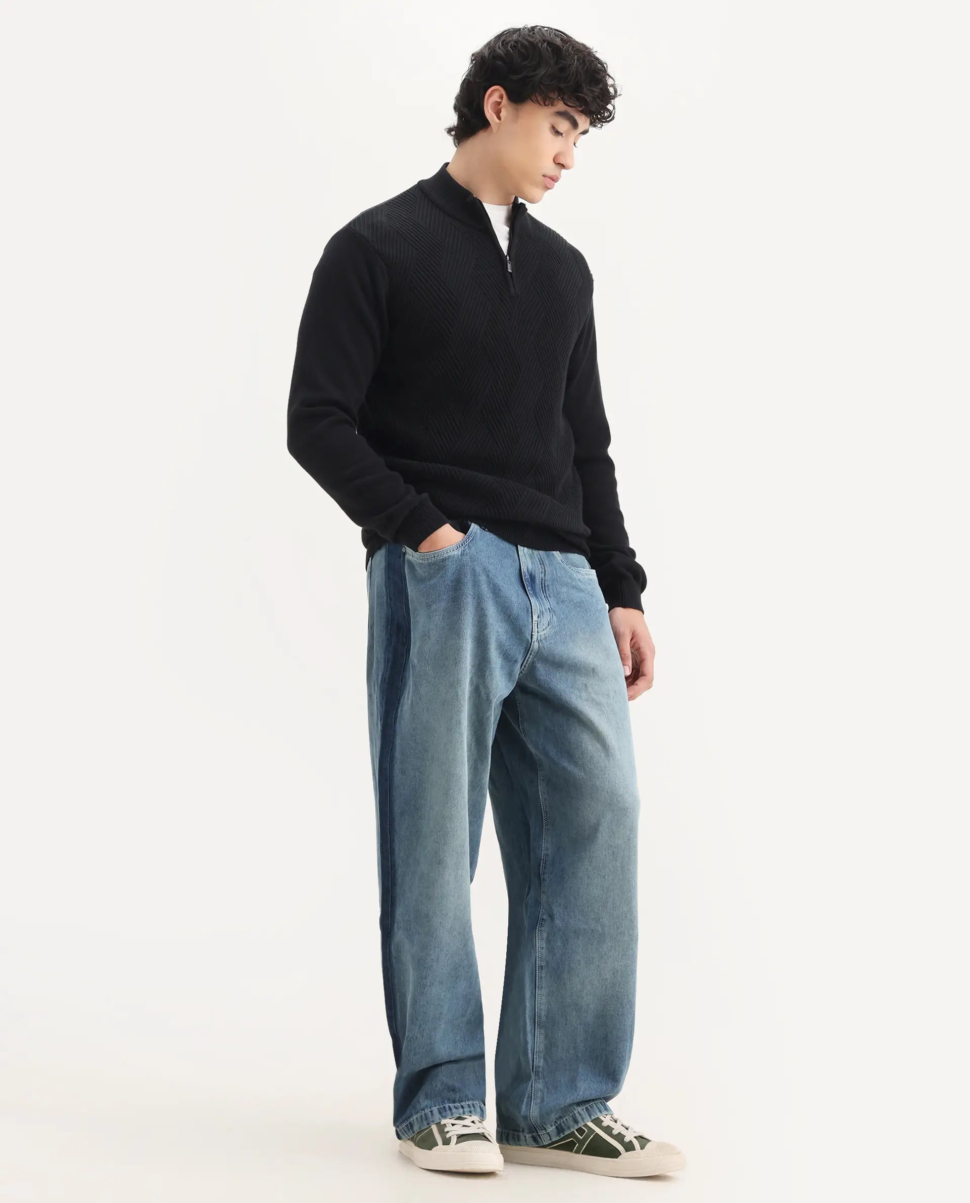 Rare Rabbit Men's Strito Light Blue Cotton Plain Baggy Fit Jeans