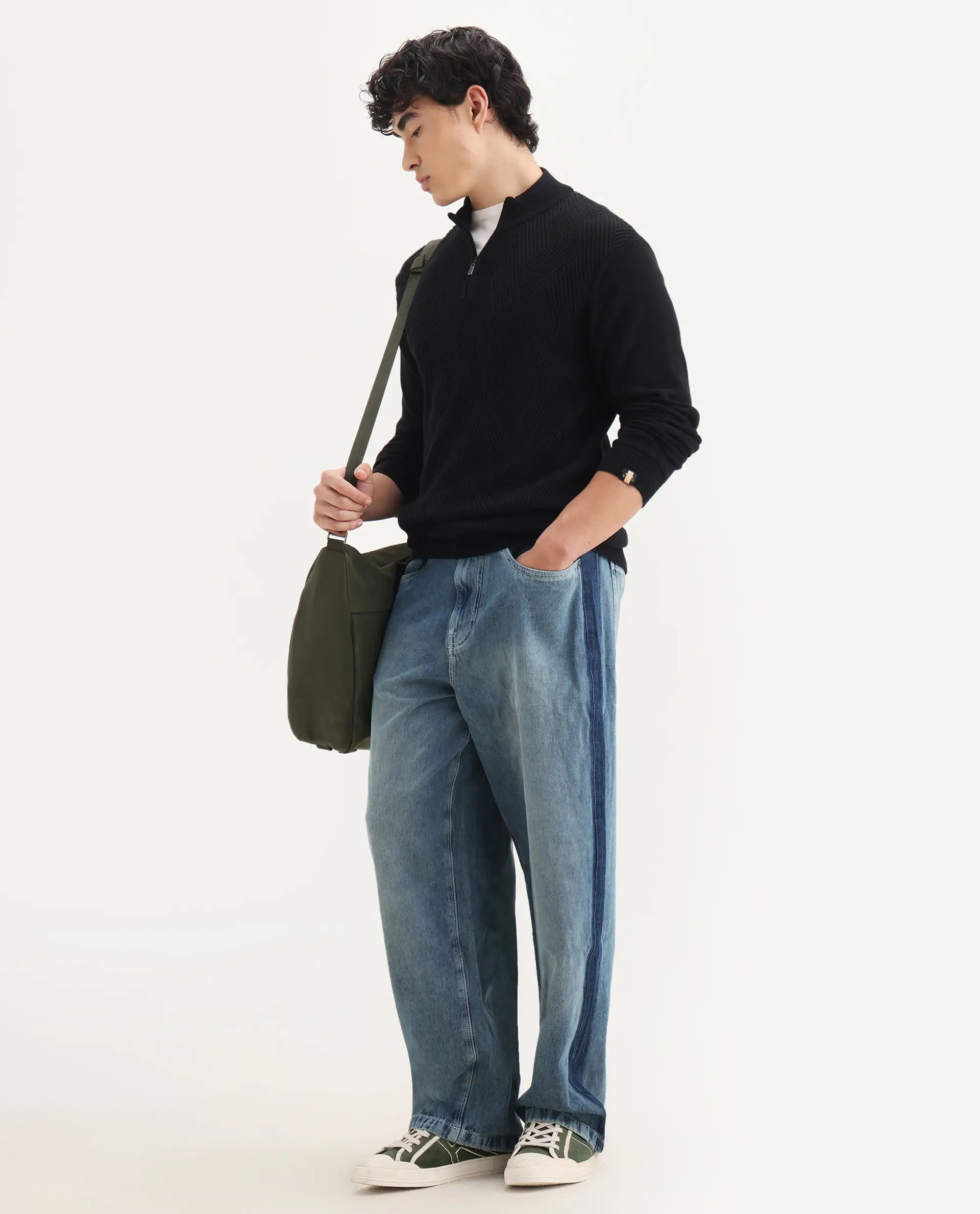 Rare Rabbit Men's Strito Light Blue Cotton Plain Baggy Fit Jeans