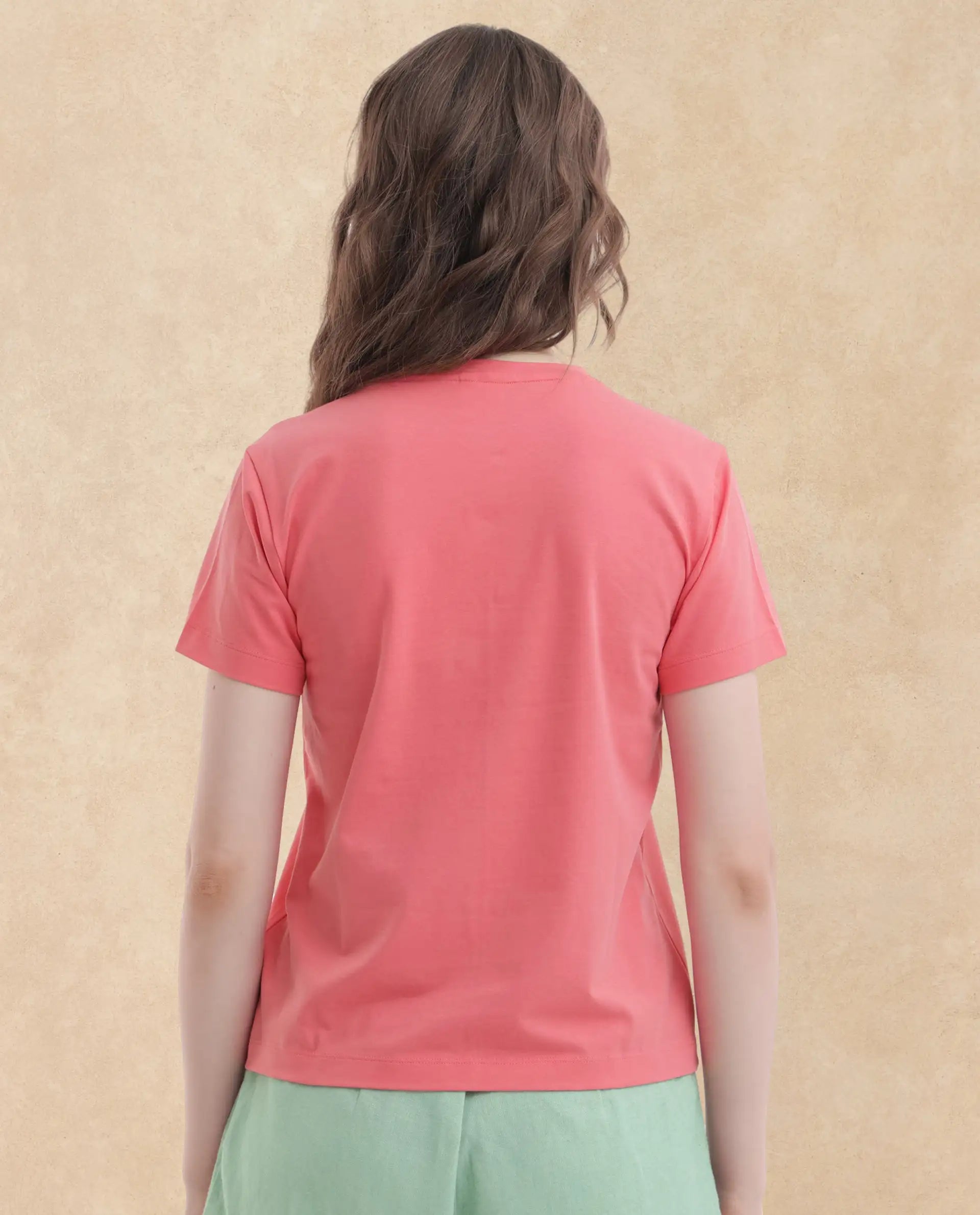 Rareism Women Strudant Peach Cotton Elastane Fabric Crew Neck Knit Solid T-Shirt