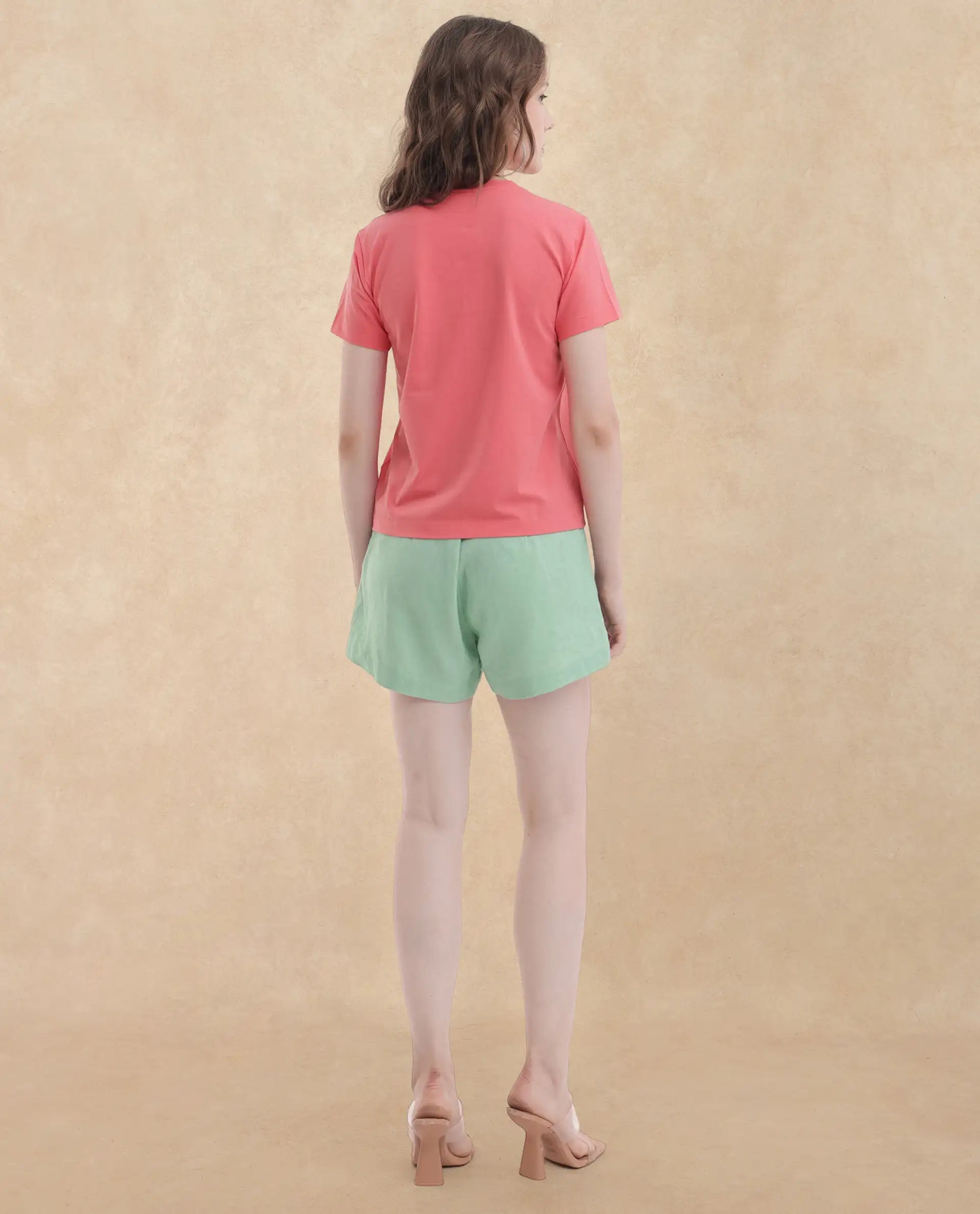 Rareism Women Strudant Peach Cotton Elastane Fabric Crew Neck Knit Solid T-Shirt