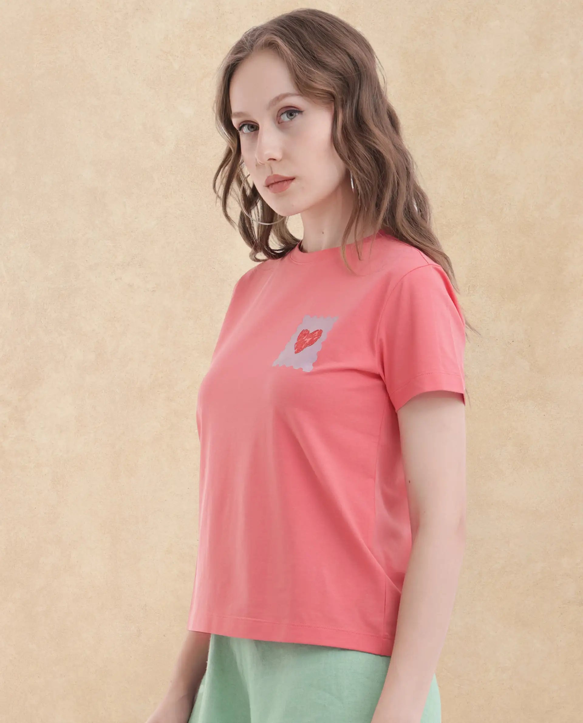 Rareism Women Strudant Peach Cotton Elastane Fabric Crew Neck Knit Solid T-Shirt