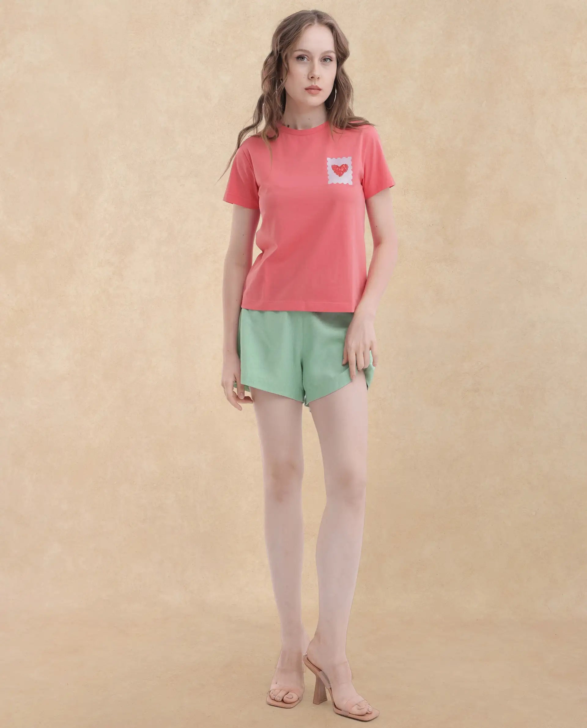 Rareism Women Strudant Peach Cotton Elastane Fabric Crew Neck Knit Solid T-Shirt