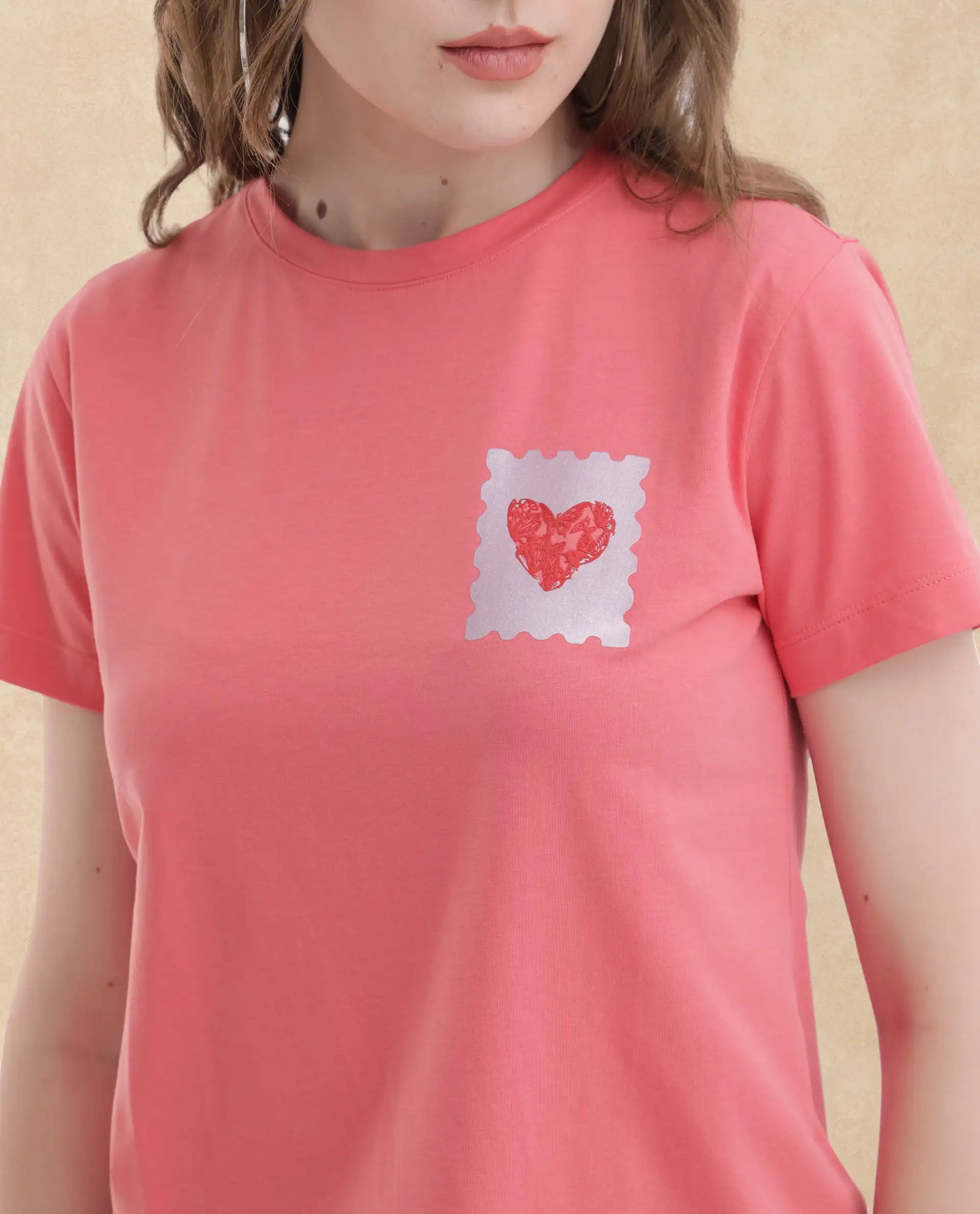 Rareism Women Strudant Peach Cotton Elastane Fabric Crew Neck Knit Solid T-Shirt