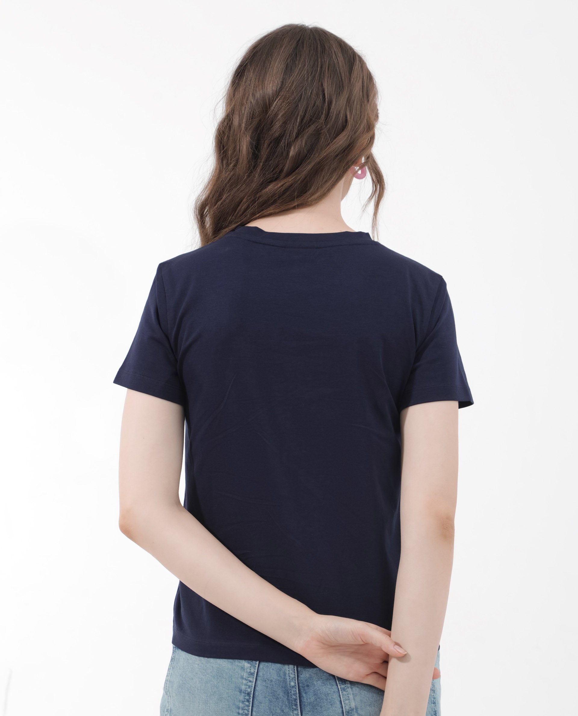 Rareism Women Strudant Dark Navy Cotton Elastane Fabric Crew Neck Knit Solid T-Shirt